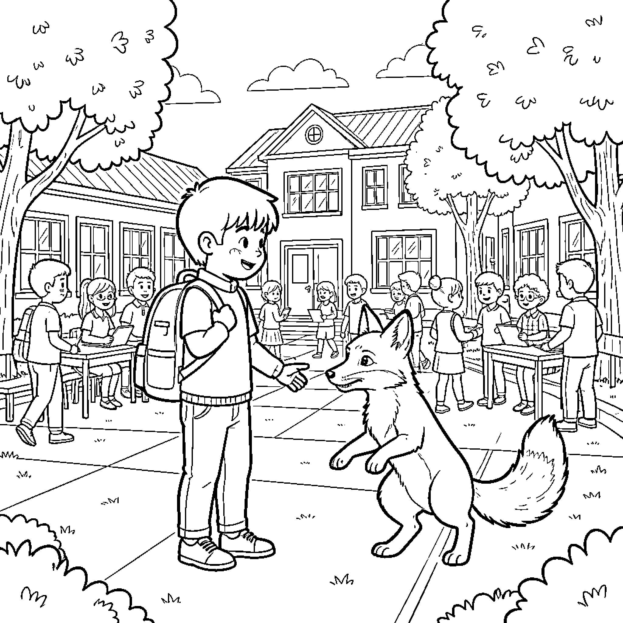 Student smiling while interacting with a friendly dog Coloring Page (free black-and-white line drawing printable PDF for all, from beginners to advanced learners, including children, teens, adults, and seniors)