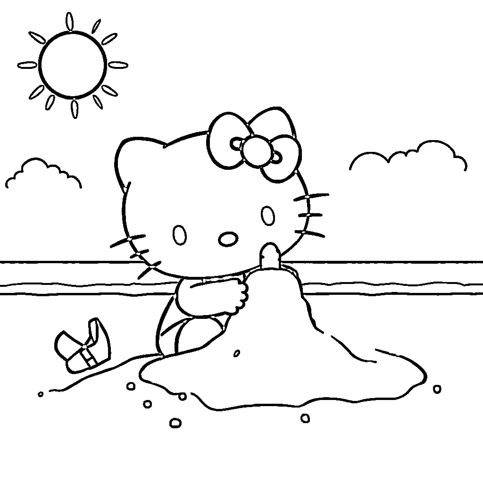 Hello Kitty enjoying a sunny day at the beach Coloring Page (free black-and-white line drawing printable PDF for all, from beginners to advanced learners, including children, teens, adults, and seniors)