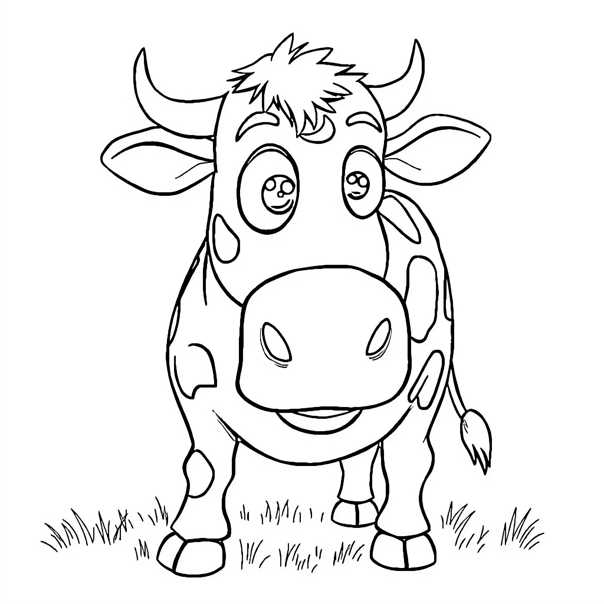 Cow with a funny expression Coloring Page (free black-and-white line drawing printable PDF for all, from beginners to advanced learners, including children, teens, adults, and seniors)