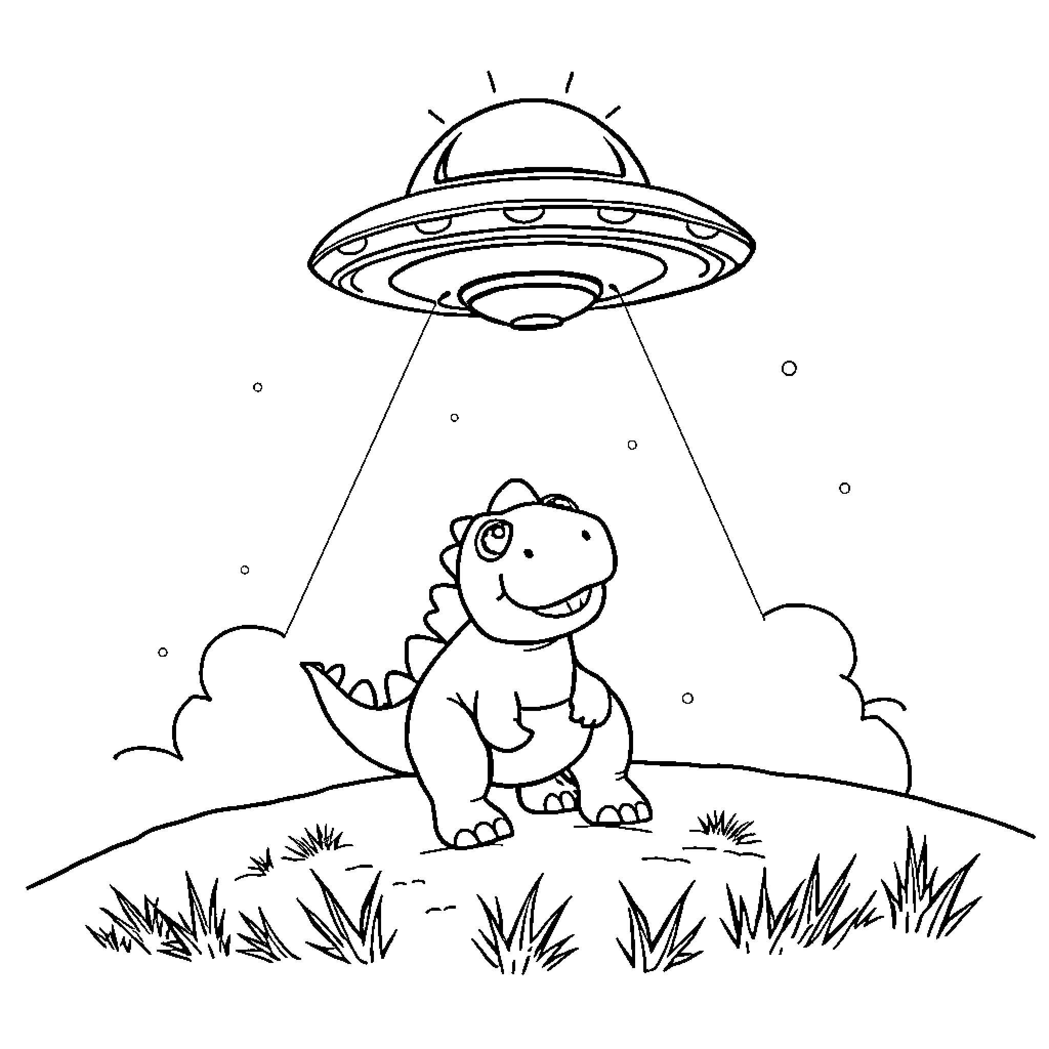 UFO examining curious dinosaur creature in the field Coloring Page (free black-and-white line drawing printable PDF for all, from beginners to advanced learners, including children, teens, adults, and seniors)