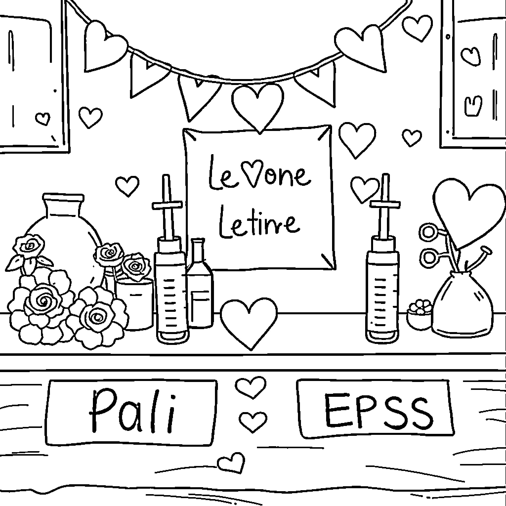 Syringe with le Vone letire Coloring Page (free black-and-white line drawing printable PDF for all, from beginners to advanced learners, including children, teens, adults, and seniors)