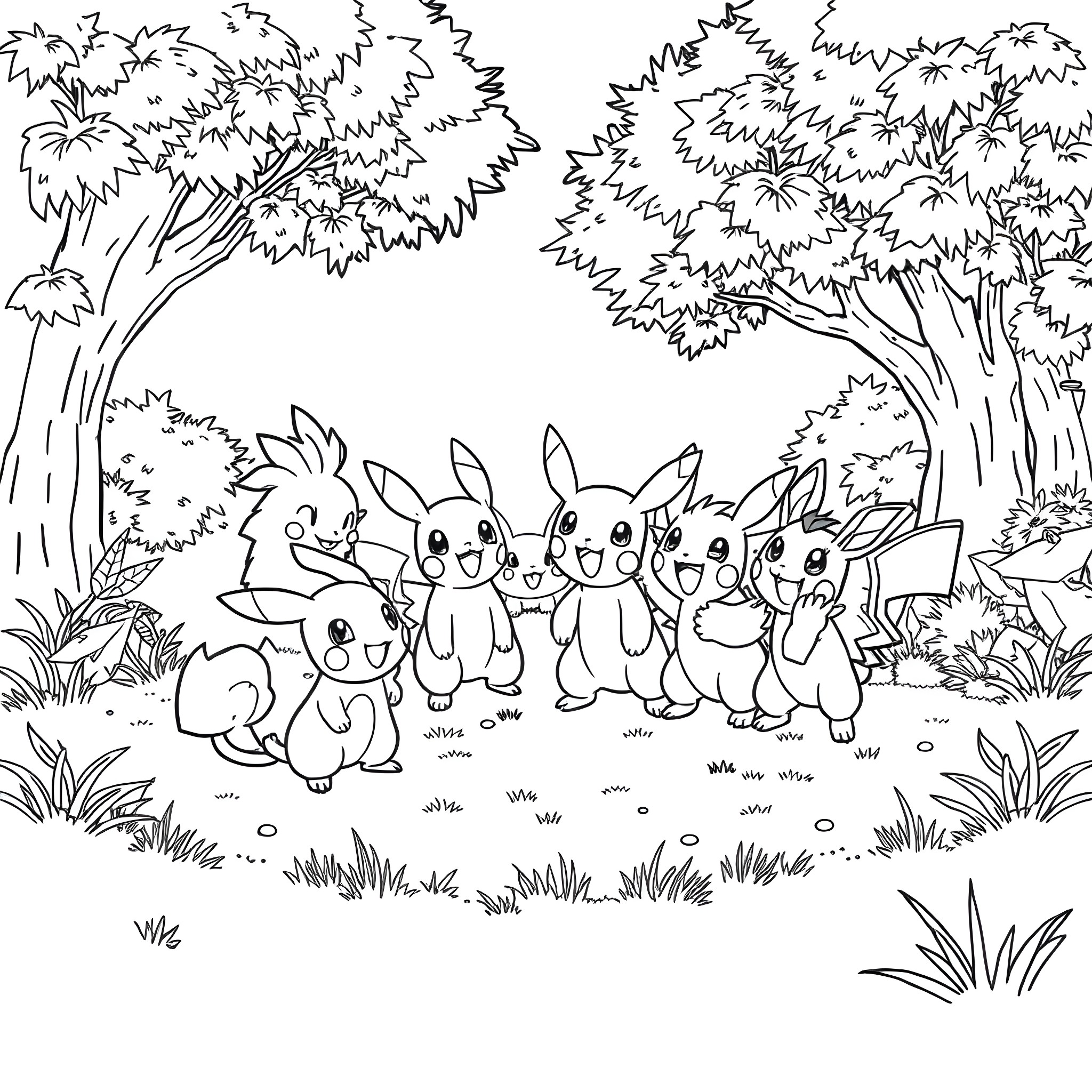 Pokémon group playing in the forest Coloring Page (free black-and-white line drawing printable PDF for all, from beginners to advanced learners, including children, teens, adults, and seniors)
