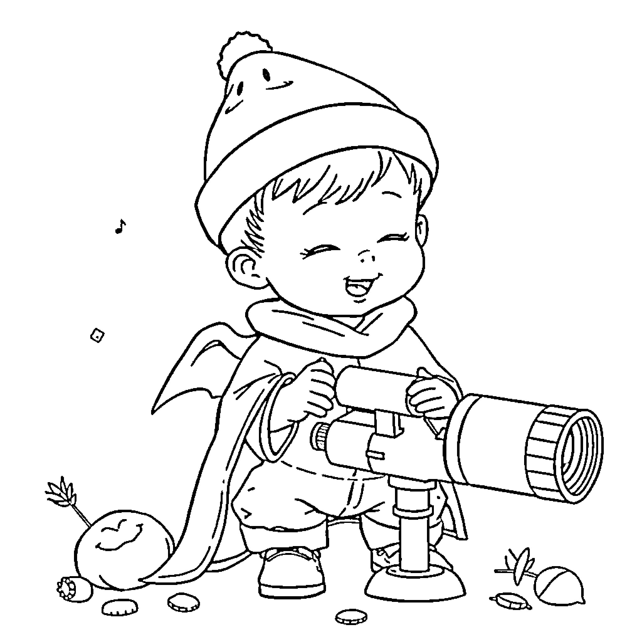 Surgeon exploring nature with telescope Coloring Page (free black-and-white line drawing printable PDF for all, from beginners to advanced learners, including children, teens, adults, and seniors)