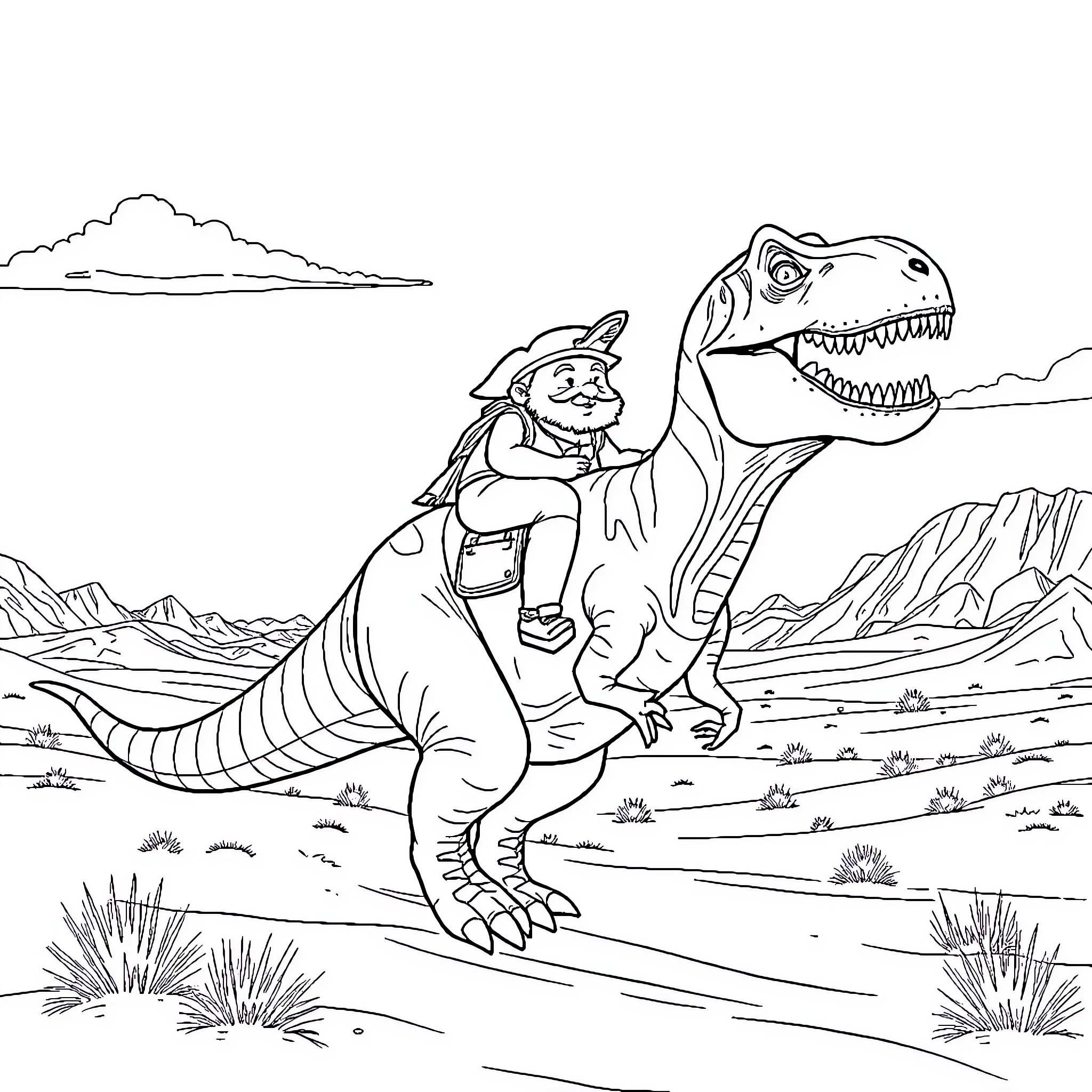 T-Rex Rider Explores Prehistoric Landscape Coloring Page (free black-and-white line drawing printable PDF for all, from beginners to advanced learners, including children, teens, adults, and seniors)