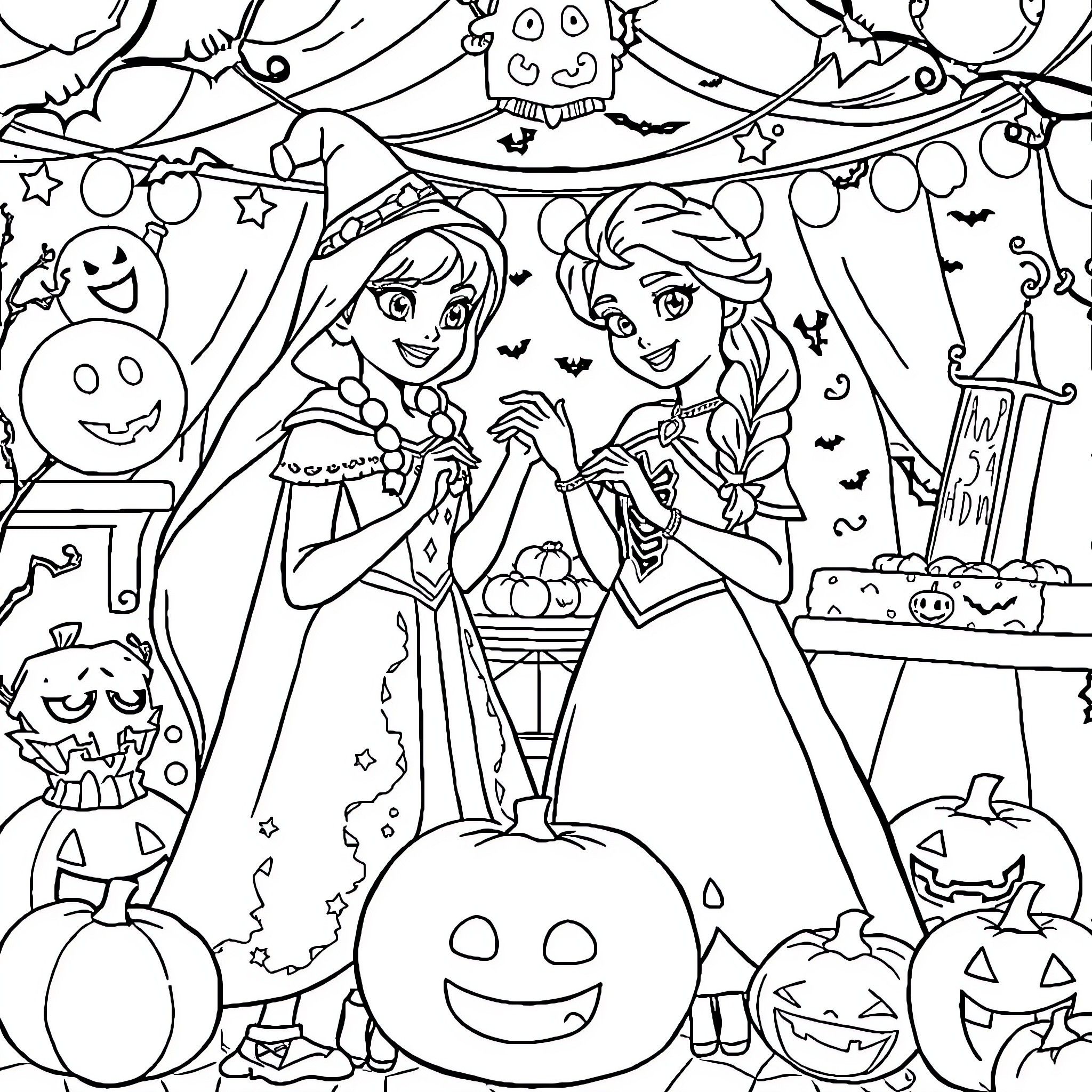 Anna and Elsa's Spooky Halloween Celebration Coloring Page (free black-and-white line drawing printable PDF for all, from beginners to advanced learners, including children, teens, adults, and seniors)