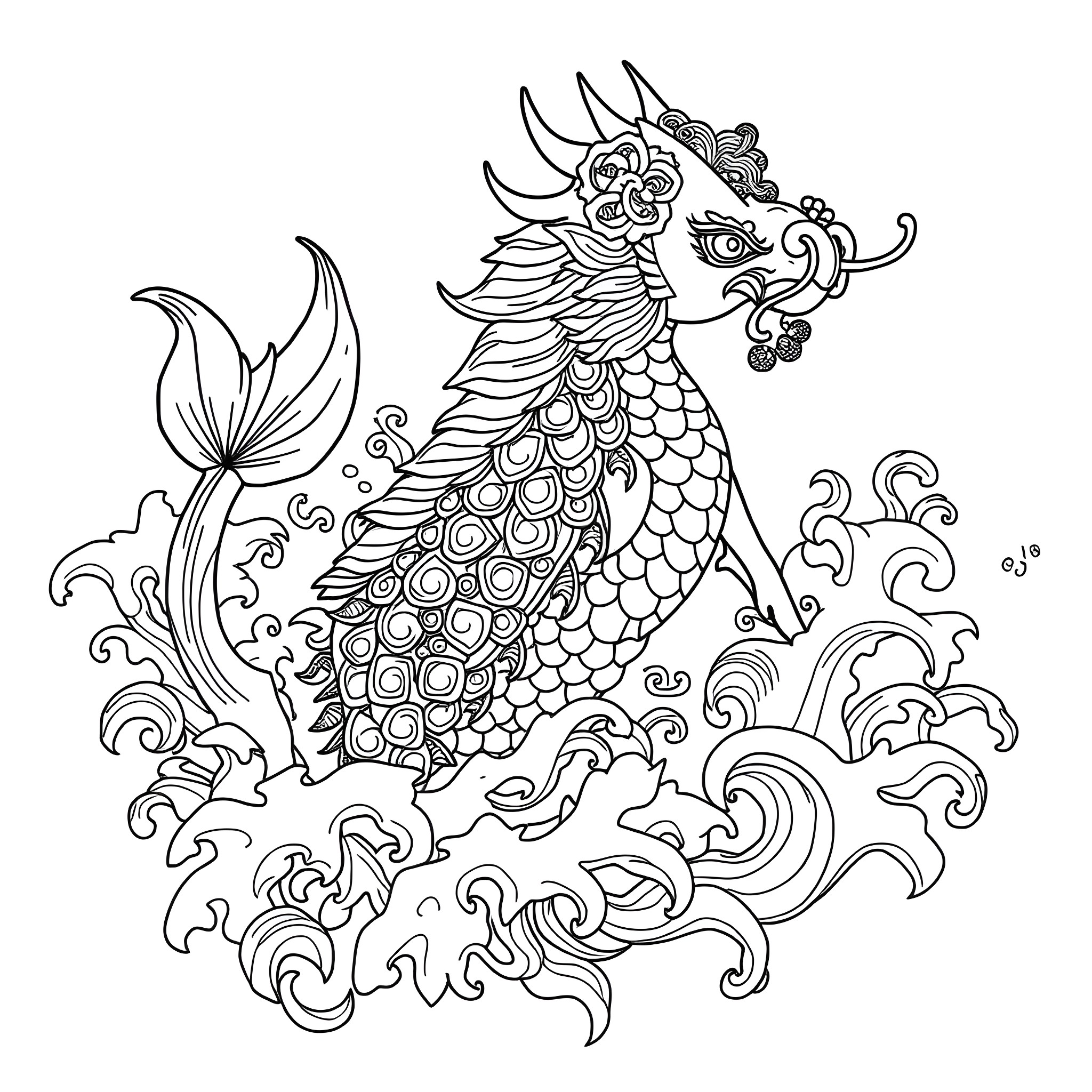 Mishipeshu: Mythical Sea Creature in Ornate Illustration Coloring Page (free black-and-white line drawing printable PDF for all, from beginners to advanced learners, including children, teens, adults, and seniors)