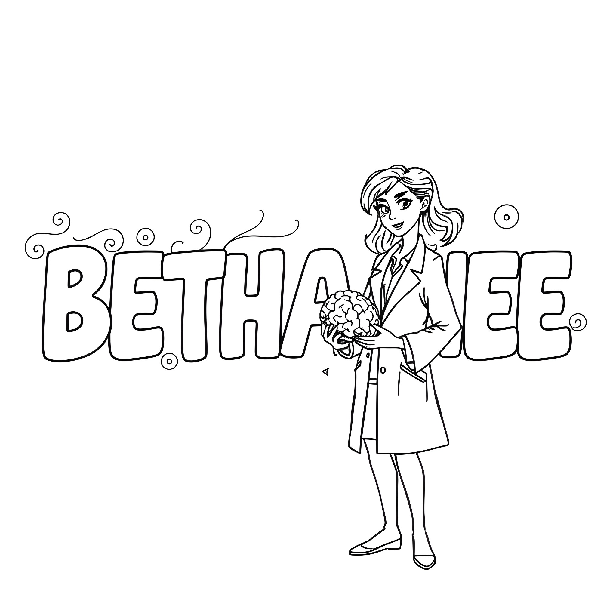 Woman holding flowers and text 'BETHALEE' Coloring Page (free black-and-white line drawing printable PDF for all, from beginners to advanced learners, including children, teens, adults, and seniors)