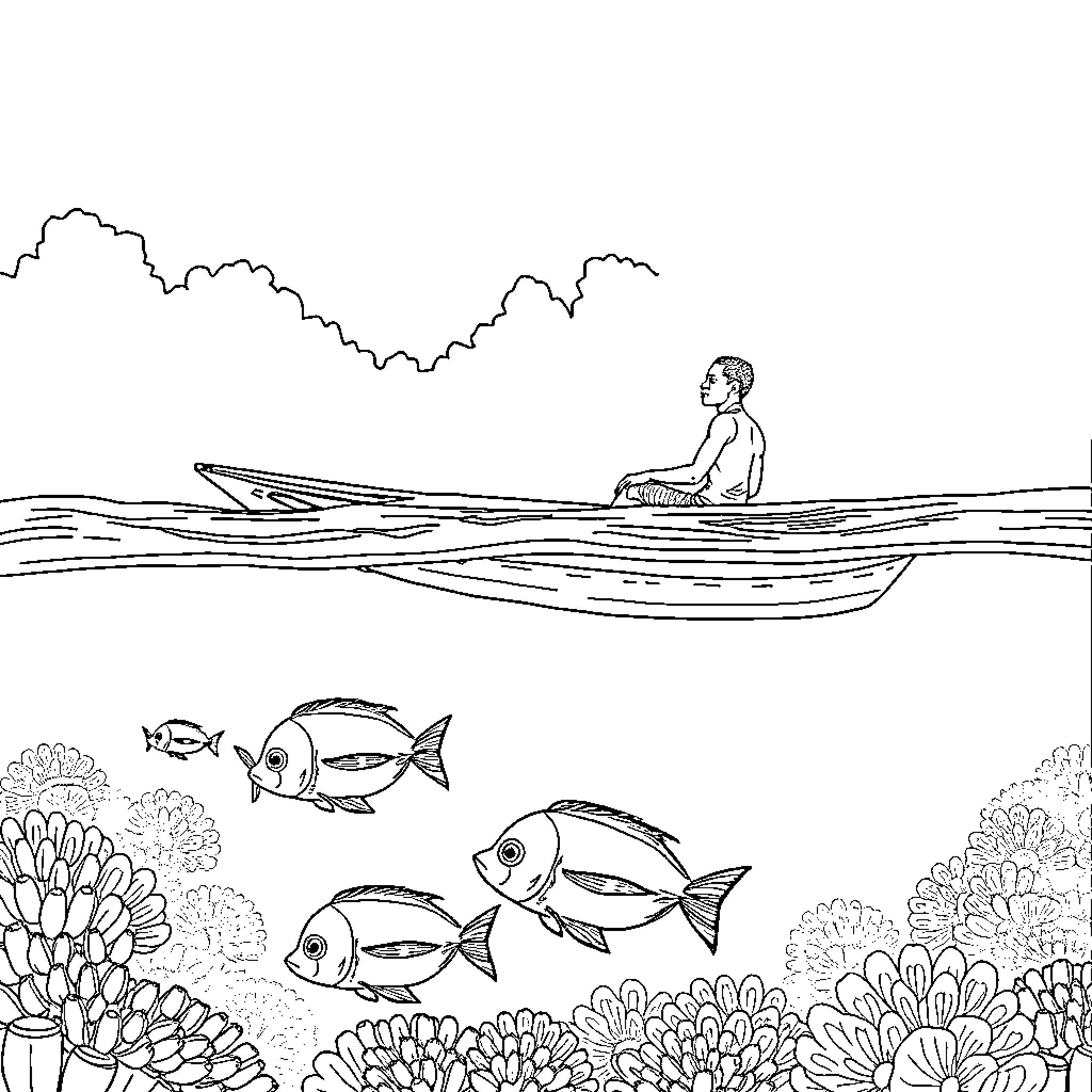 Garçon drifting peacefully in a boat amid marine life Coloring Page (free black-and-white line drawing printable PDF for all, from beginners to advanced learners, including children, teens, adults, and seniors)