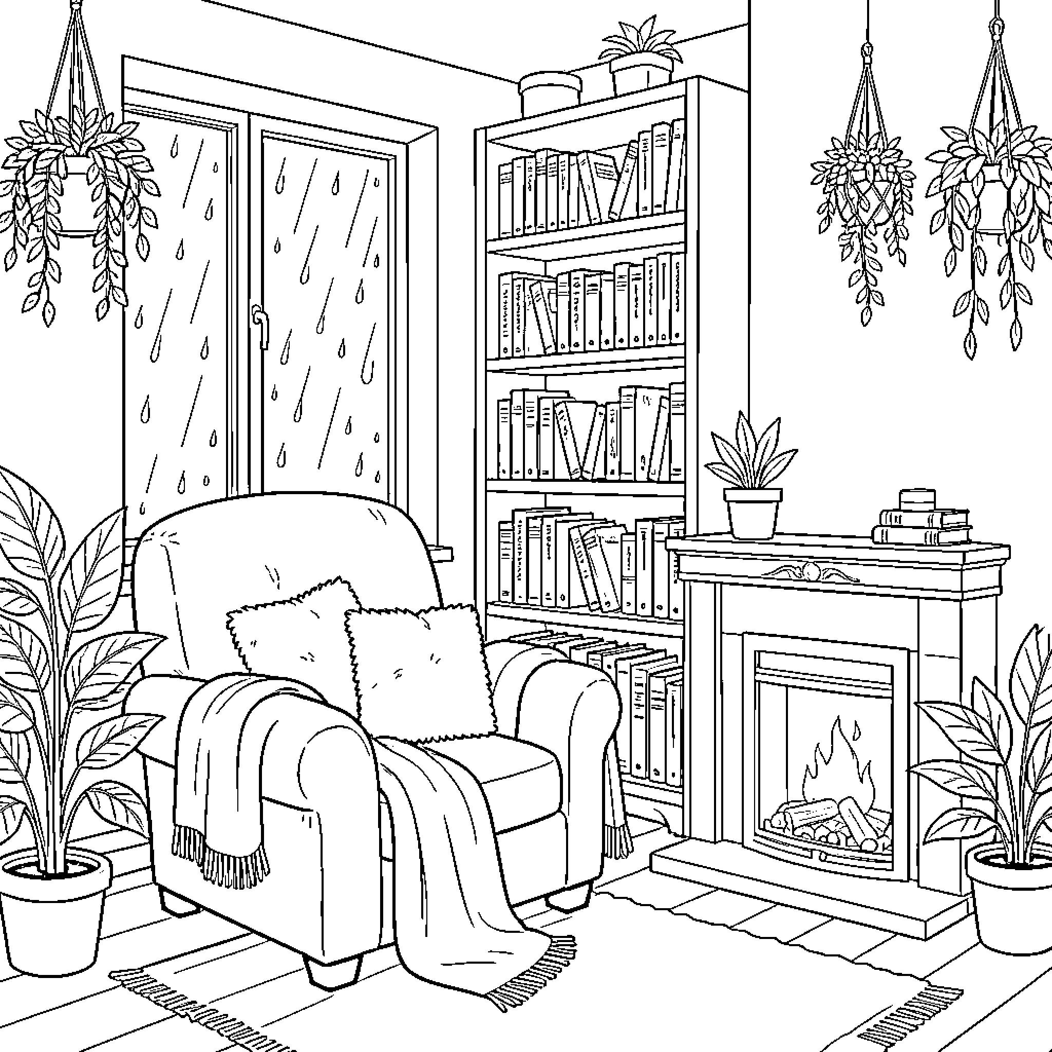 Reading Nook with Cozy Armchair and Bookcase Coloring Page (free black-and-white line drawing printable PDF for all, from beginners to advanced learners, including children, teens, adults, and seniors)