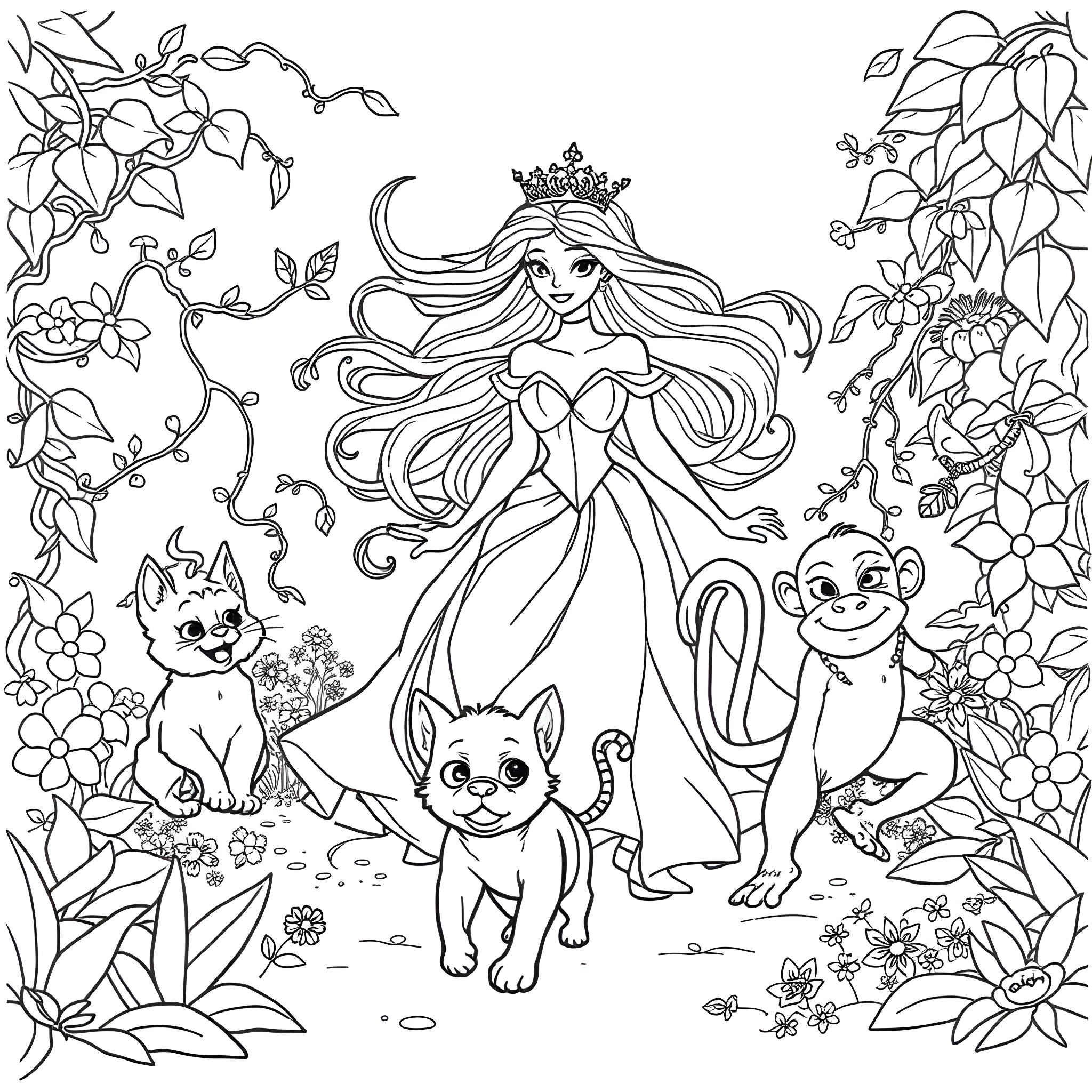 Princess in a Magical Garden with Playful Companions Coloring Page (free black-and-white line drawing printable PDF for all, from beginners to advanced learners, including children, teens, adults, and seniors)
