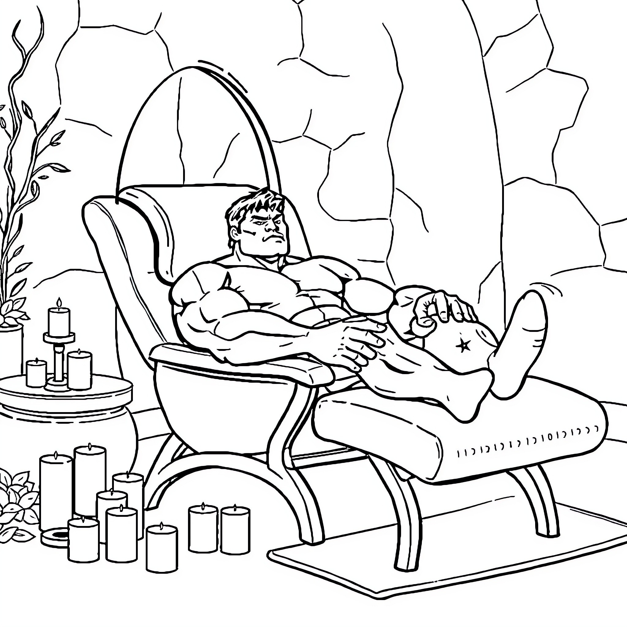 Hulk Relaxes at Spa with Candles and Flowers Coloring Page (free black-and-white line drawing printable PDF for all, from beginners to advanced learners, including children, teens, adults, and seniors)