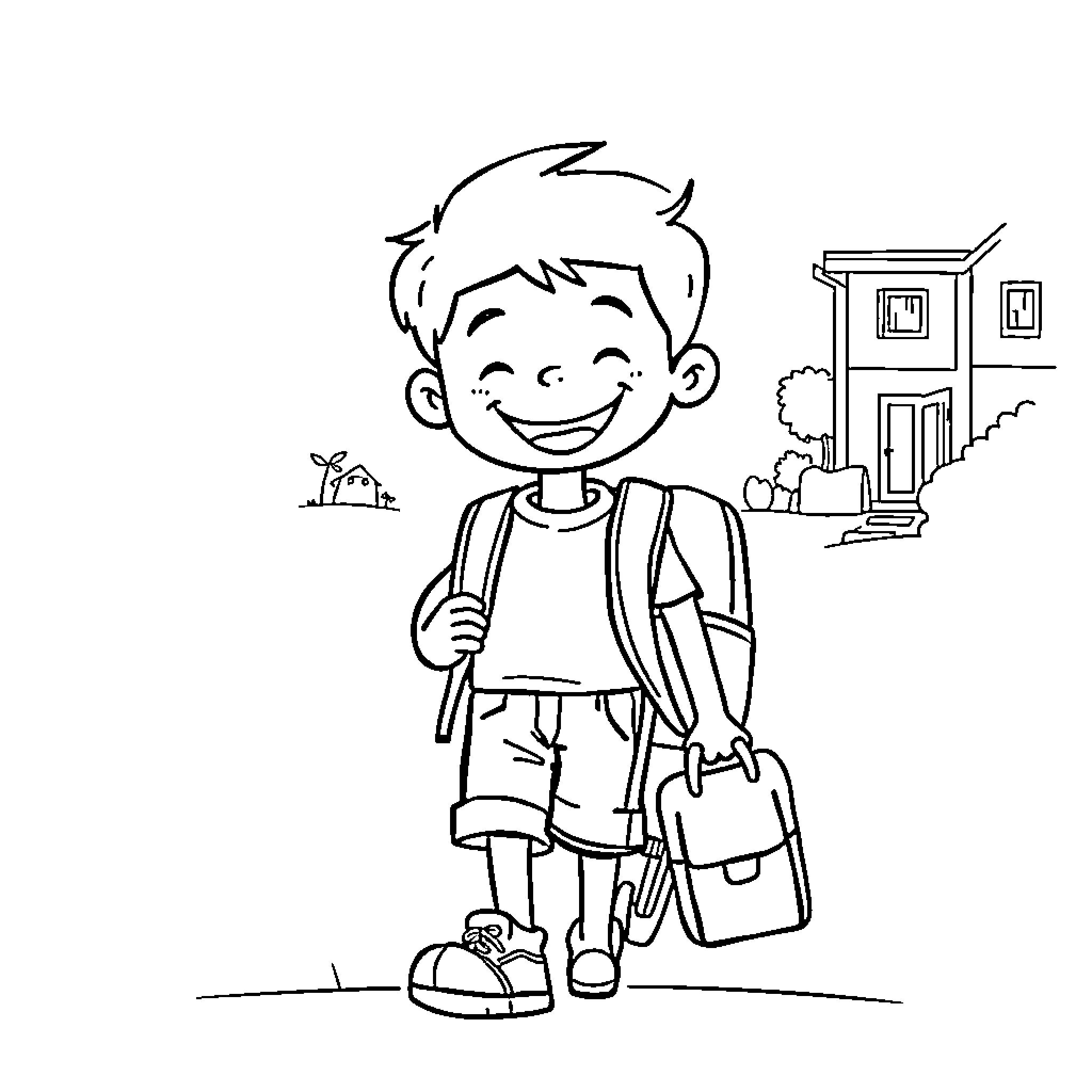 Boy happily walking to school with backpack Coloring Page (free black-and-white line drawing printable PDF for all, from beginners to advanced learners, including children, teens, adults, and seniors)