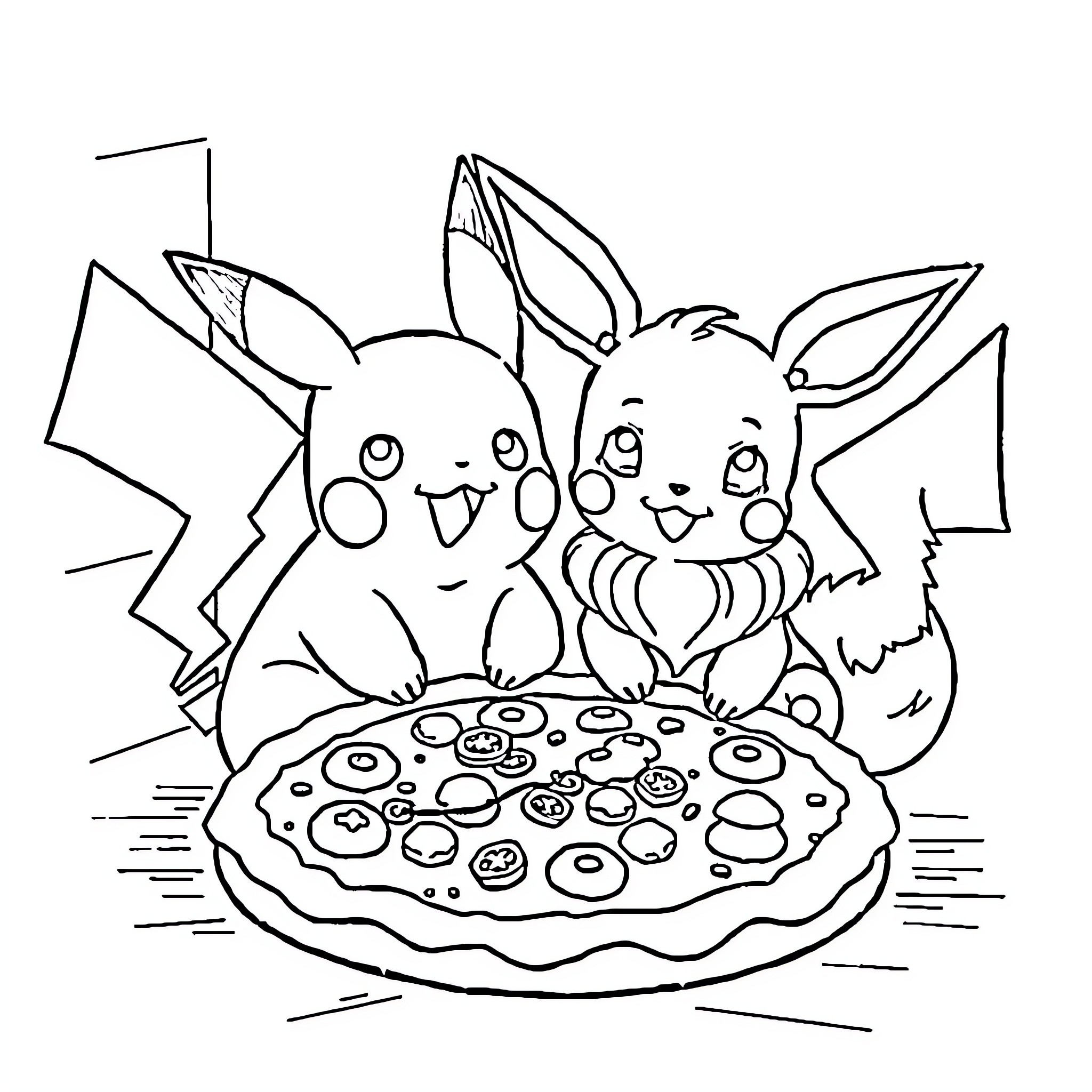 Pikachu and friends enjoying a tasty treat Coloring Page (free black-and-white line drawing printable PDF for all, from beginners to advanced learners, including children, teens, adults, and seniors)