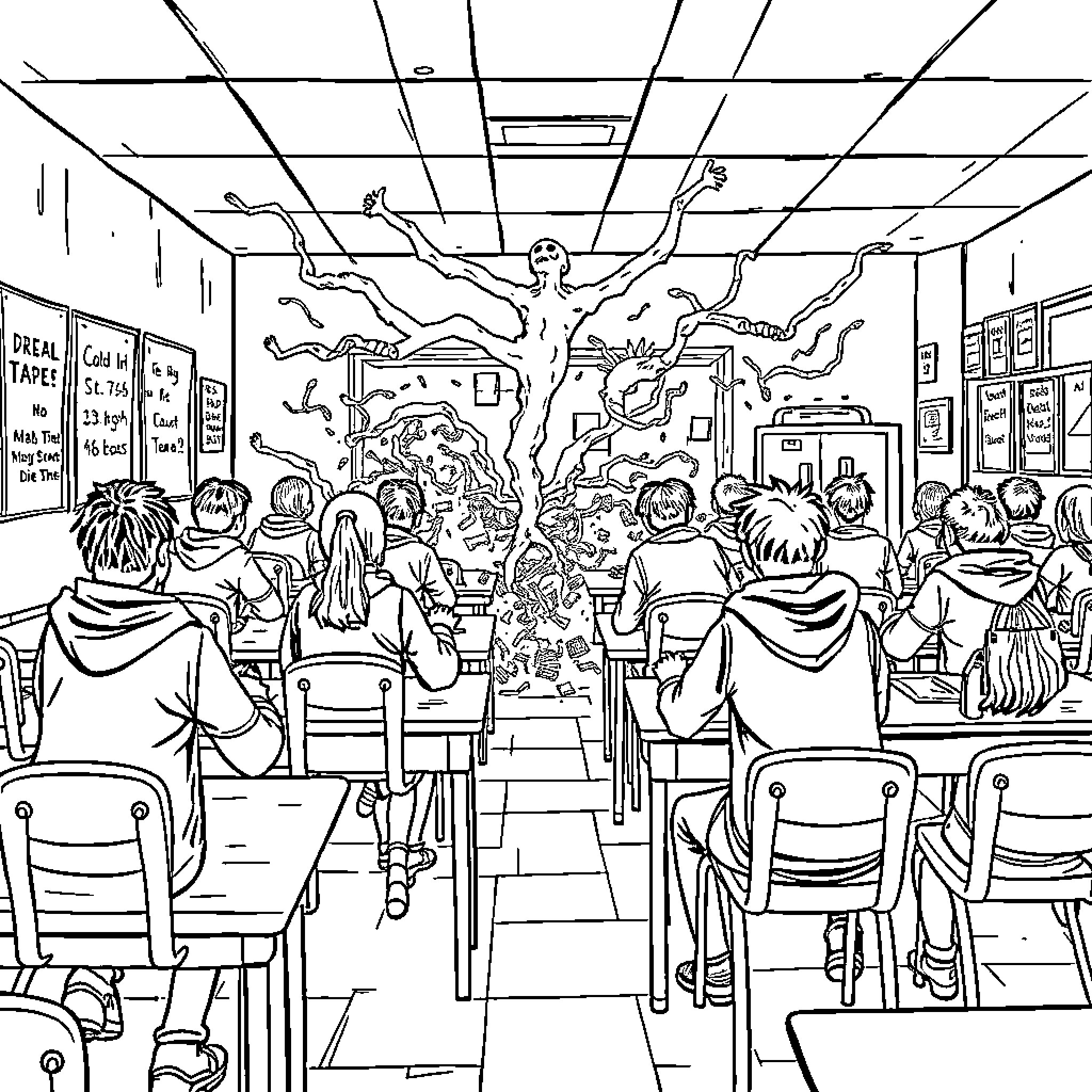 Plague of Distraction in the Classroom Coloring Page (free black-and-white line drawing printable PDF for all, from beginners to advanced learners, including children, teens, adults, and seniors)