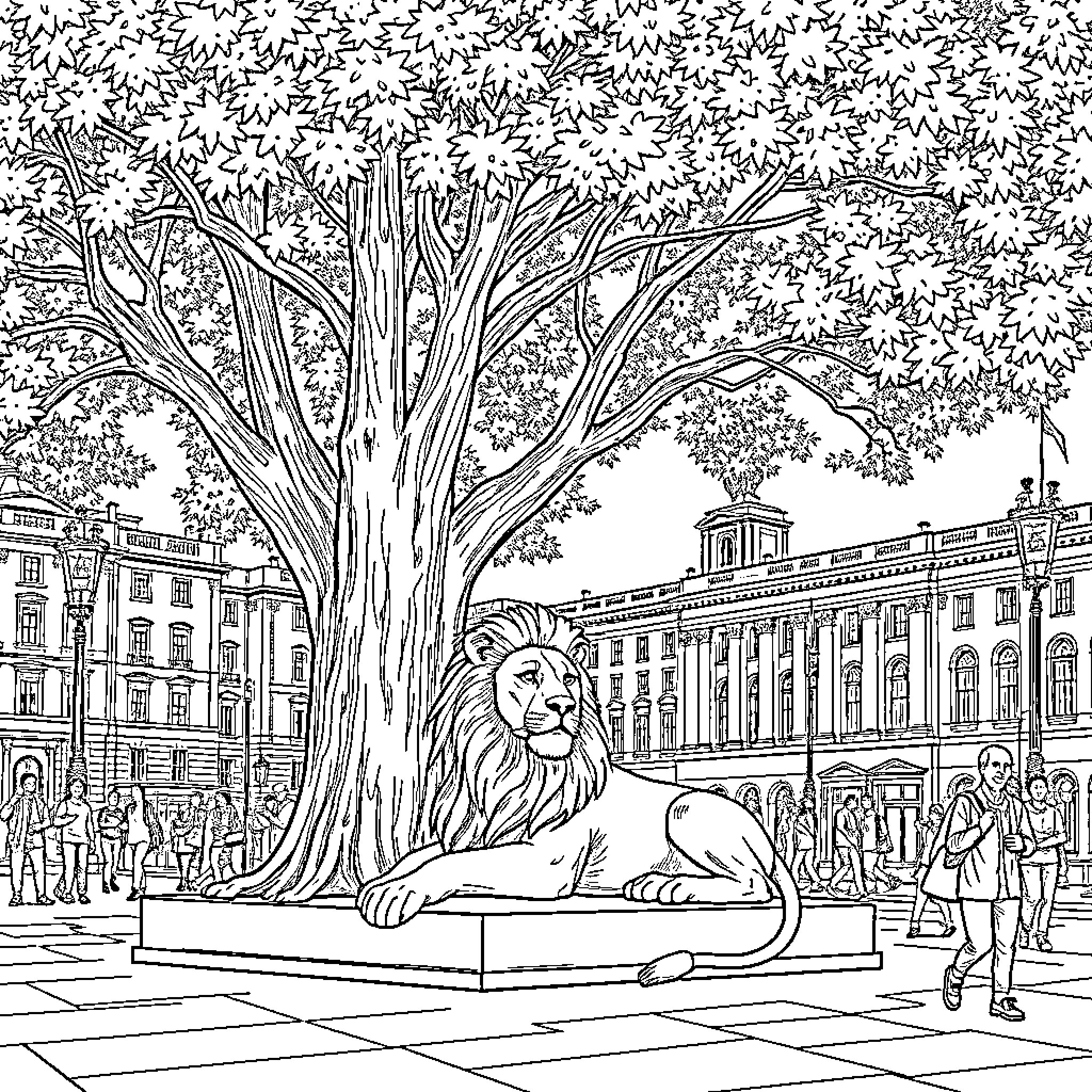 Lion guarding a city square Coloring Page (free black-and-white line drawing printable PDF for all, from beginners to advanced learners, including children, teens, adults, and seniors)