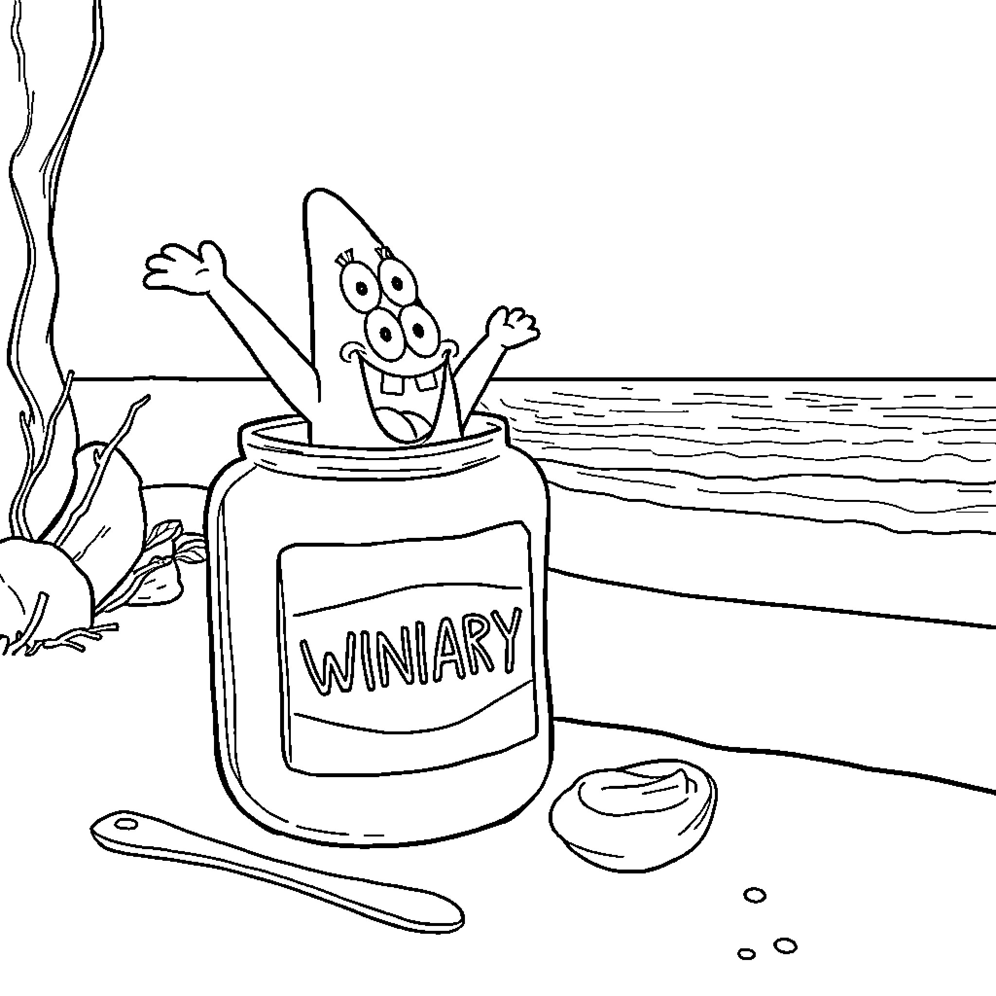 Patrick excited in a can of winary on the beach Coloring Page (free black-and-white line drawing printable PDF for all, from beginners to advanced learners, including children, teens, adults, and seniors)