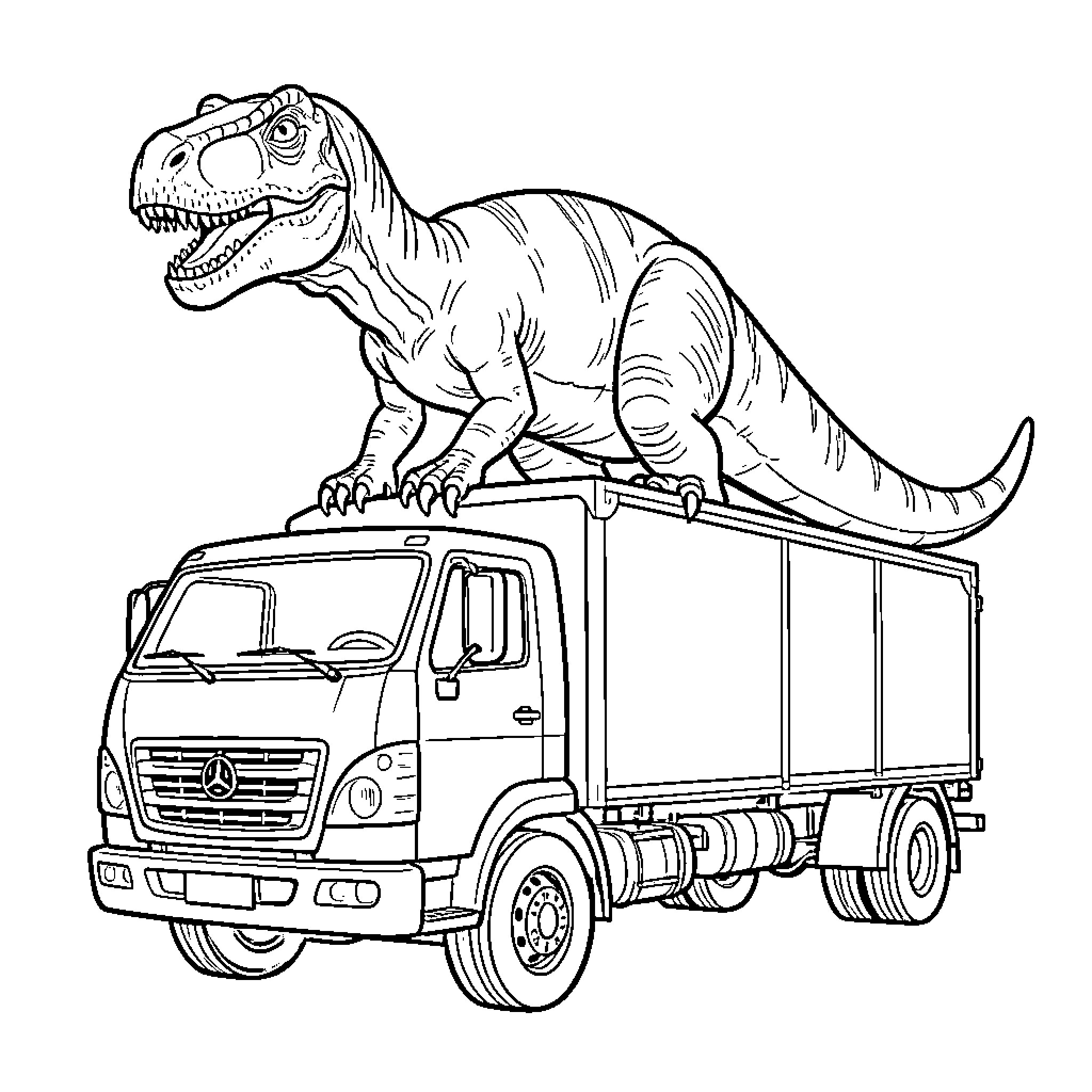 Dinosaur riding on a delivery truck Coloring Page (free black-and-white line drawing printable PDF for all, from beginners to advanced learners, including children, teens, adults, and seniors)
