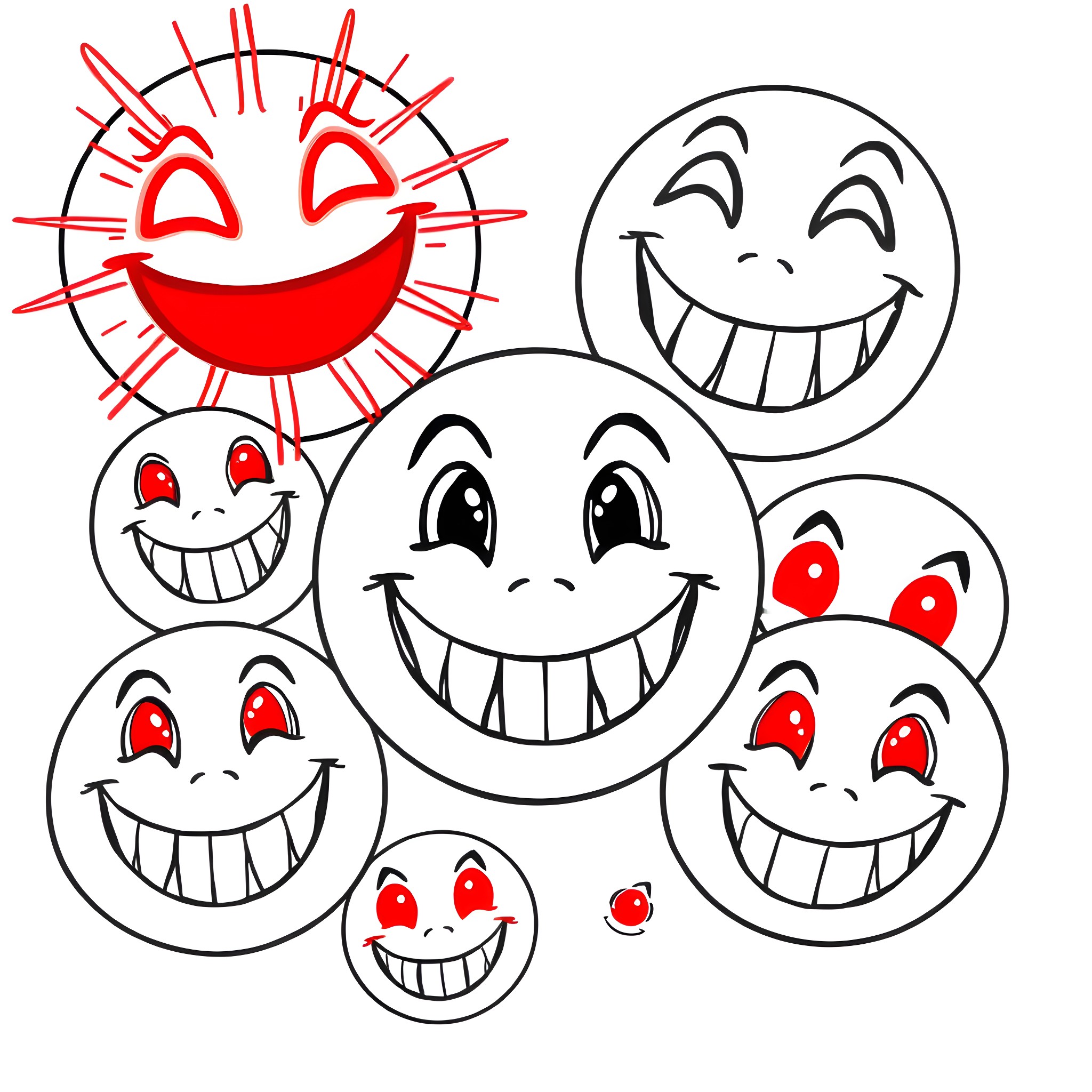 Smiley Faces with Vibrant Expressions Coloring Page (free black-and-white line drawing printable PDF for all, from beginners to advanced learners, including children, teens, adults, and seniors)