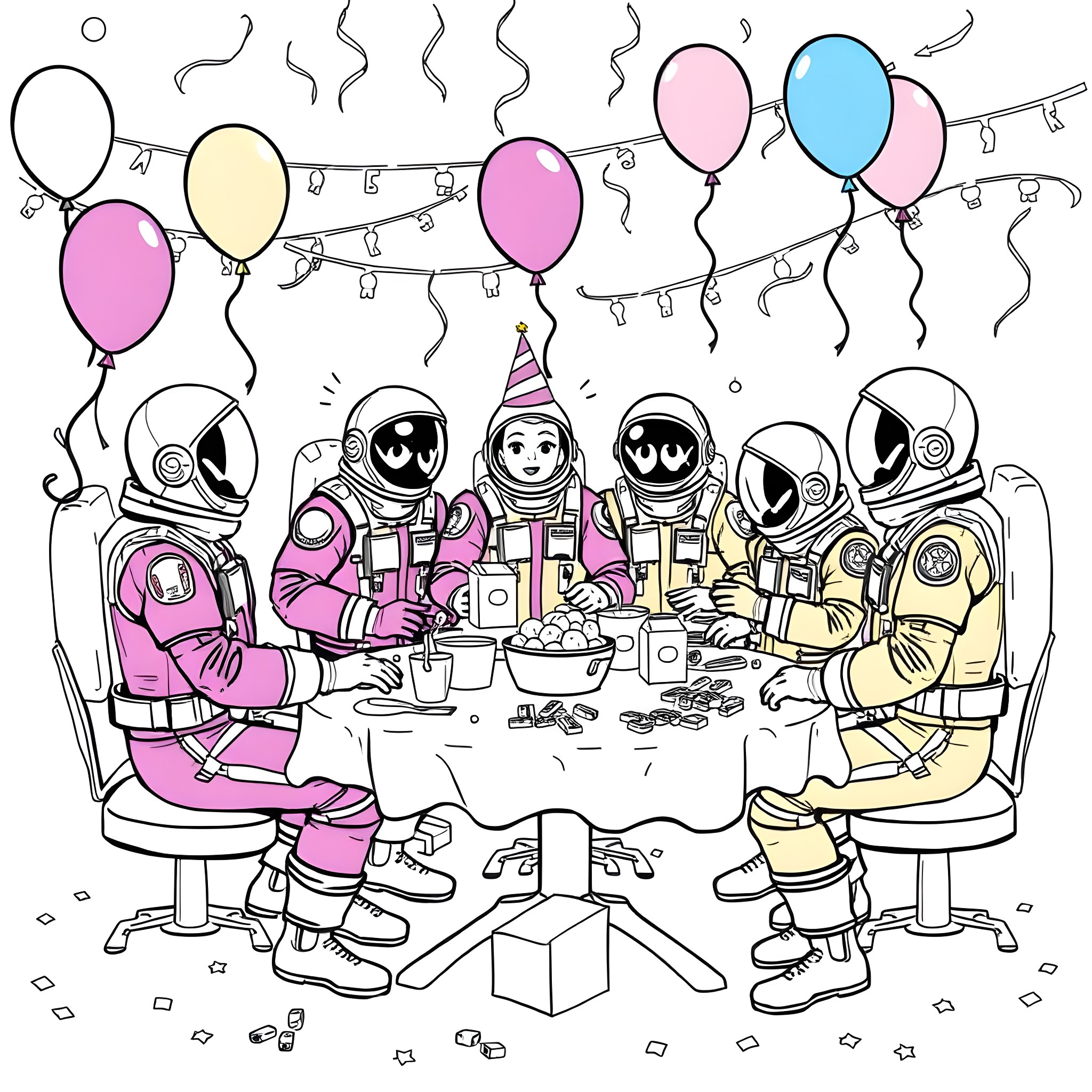 Among Us Astronauts Celebrate with Balloons and Party Coloring Page (free black-and-white line drawing printable PDF for all, from beginners to advanced learners, including children, teens, adults, and seniors)