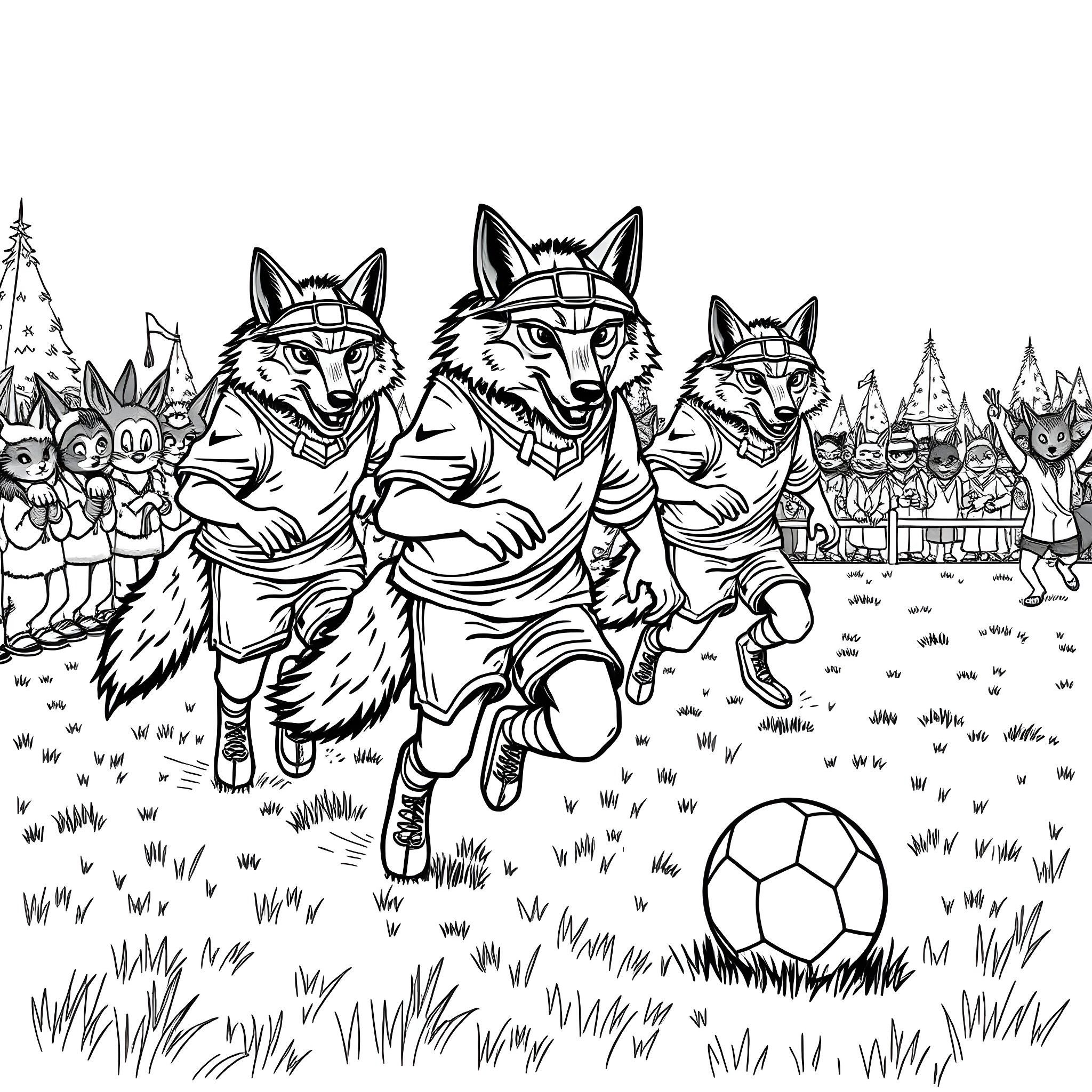 Wolf pack playing soccer on the field Coloring Page (free black-and-white line drawing printable PDF for all, from beginners to advanced learners, including children, teens, adults, and seniors)