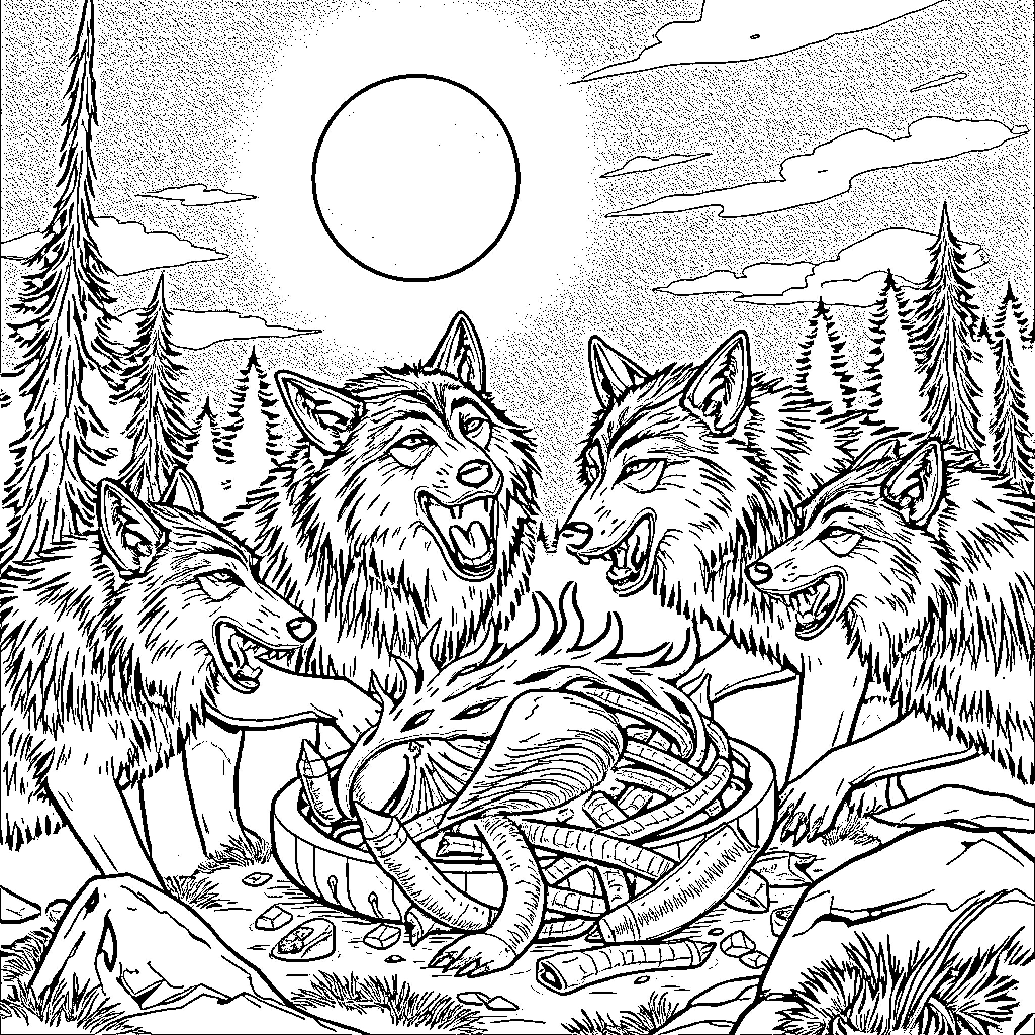 Wolf Pack Howling Under the Moonlight Coloring Page (free black-and-white line drawing printable PDF for all, from beginners to advanced learners, including children, teens, adults, and seniors)