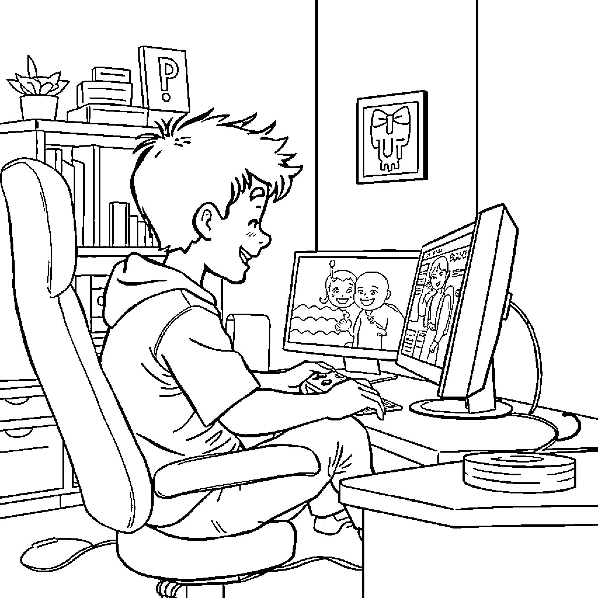 Boy engaged in computer gaming at home Coloring Page (free black-and-white line drawing printable PDF for all, from beginners to advanced learners, including children, teens, adults, and seniors)