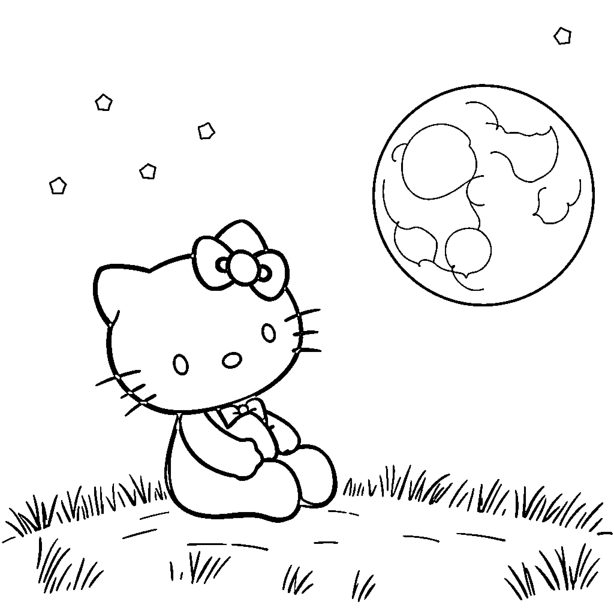 Hello Kitty gazing at the night sky Coloring Page (free black-and-white line drawing printable PDF for all, from beginners to advanced learners, including children, teens, adults, and seniors)