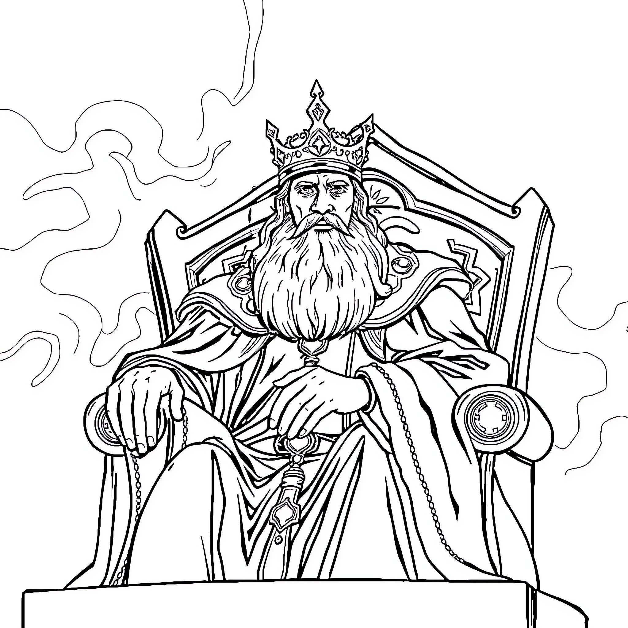 Uncle Scrooge seated on an ornate throne Coloring Page (free black-and-white line drawing printable PDF for all, from beginners to advanced learners, including children, teens, adults, and seniors)