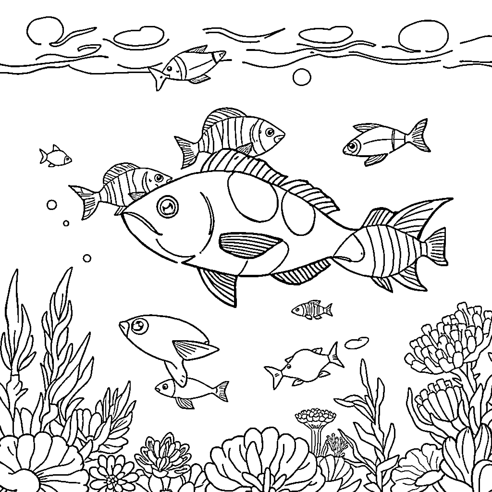 Sea Animals Swimming Among Coral Reefs Coloring Page (free black-and-white line drawing printable PDF for all, from beginners to advanced learners, including children, teens, adults, and seniors)