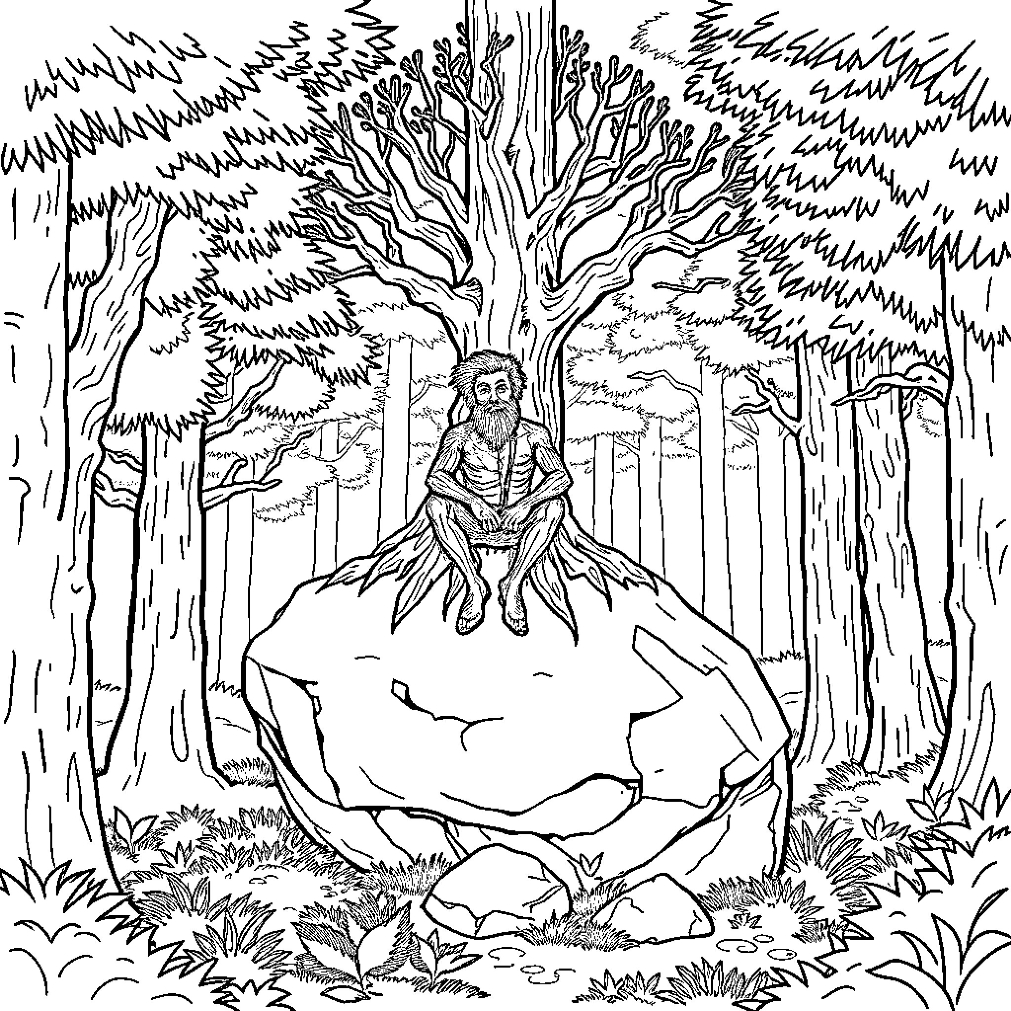 Tree Man in Meditation in the Forest Coloring Page (free black-and-white line drawing printable PDF for all, from beginners to advanced learners, including children, teens, adults, and seniors)