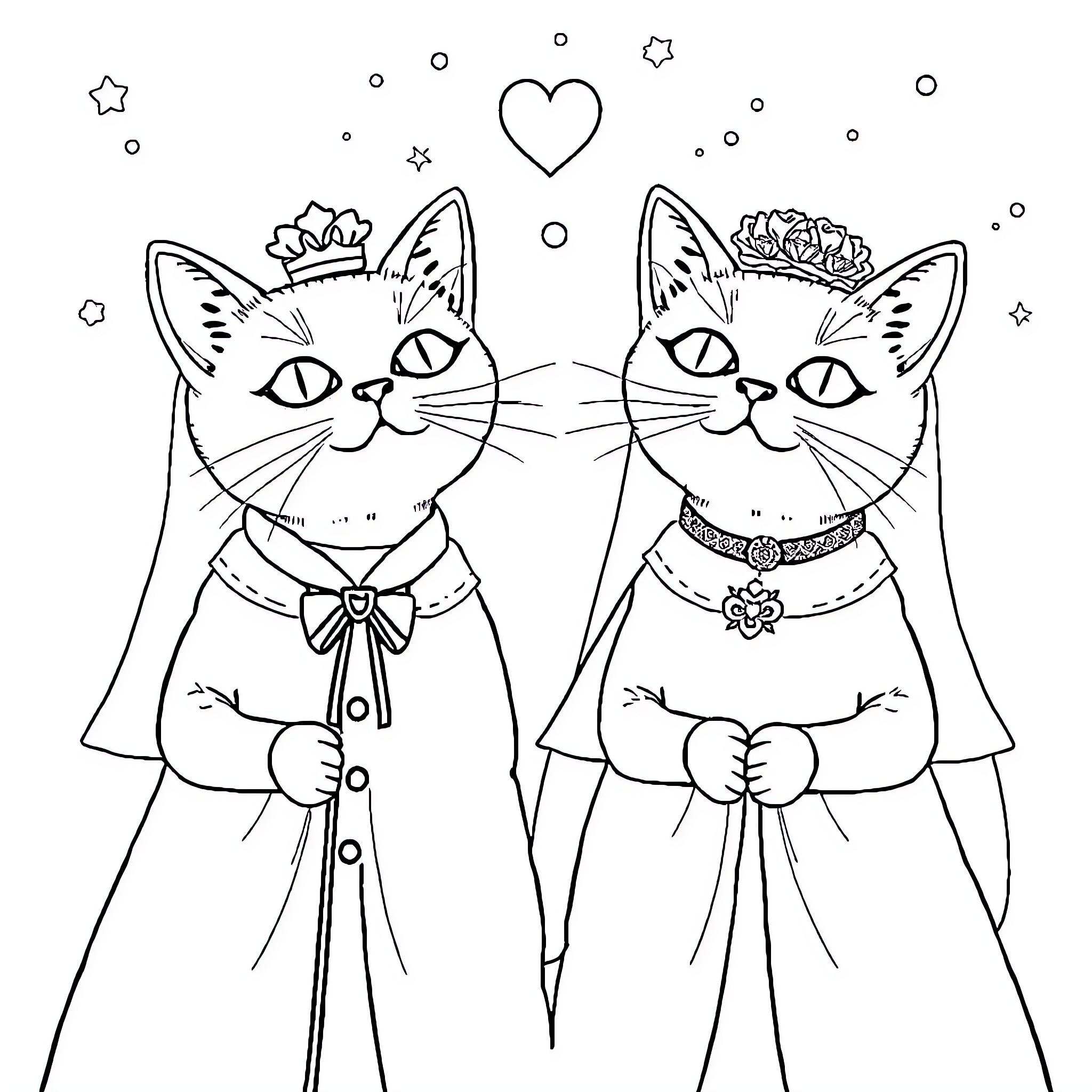 Chat with Charming Cats in Regal Attire Coloring Page (free black-and-white line drawing printable PDF for all, from beginners to advanced learners, including children, teens, adults, and seniors)
