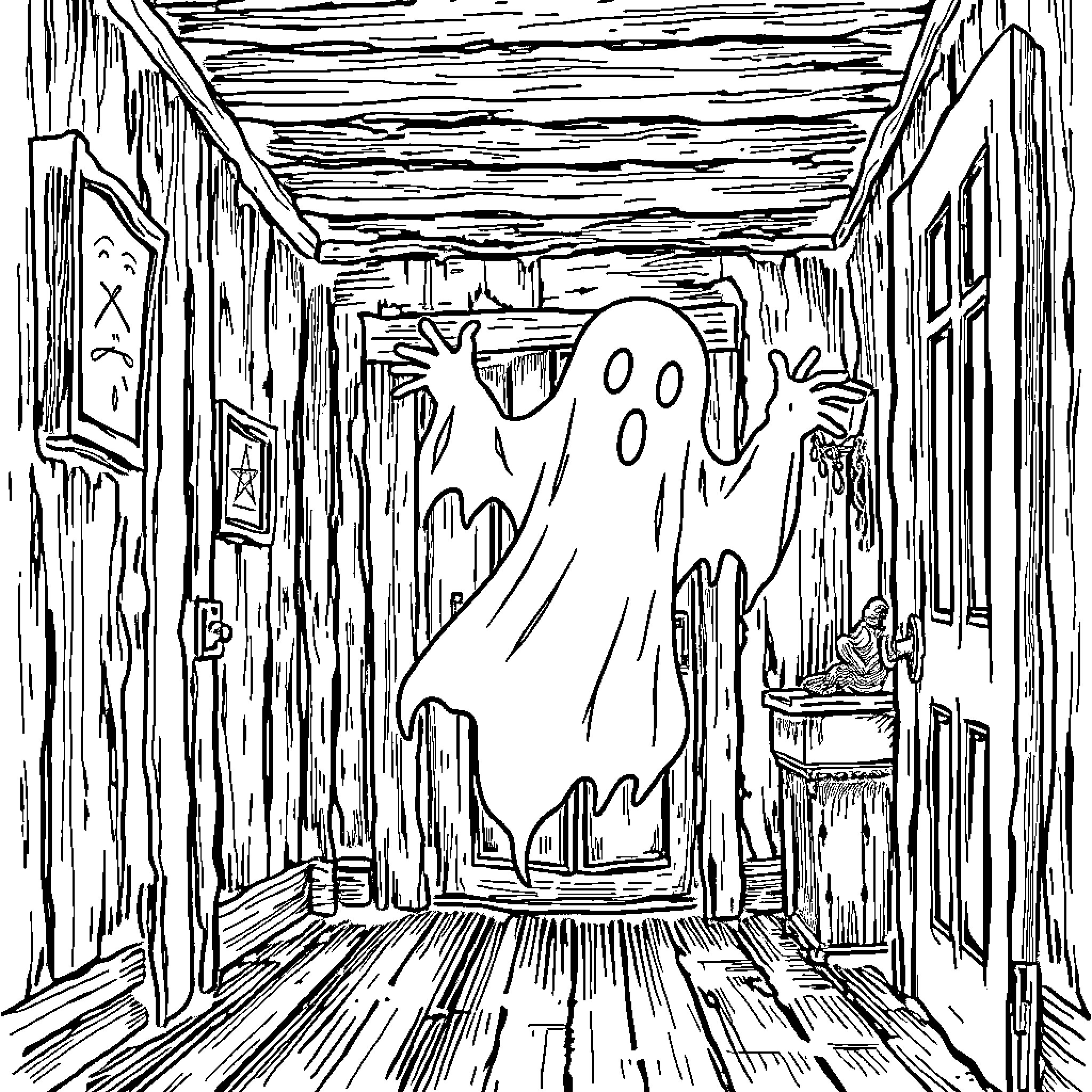 Ghost floating mysteriously in a haunted hallway Coloring Page (free black-and-white line drawing printable PDF for all, from beginners to advanced learners, including children, teens, adults, and seniors)