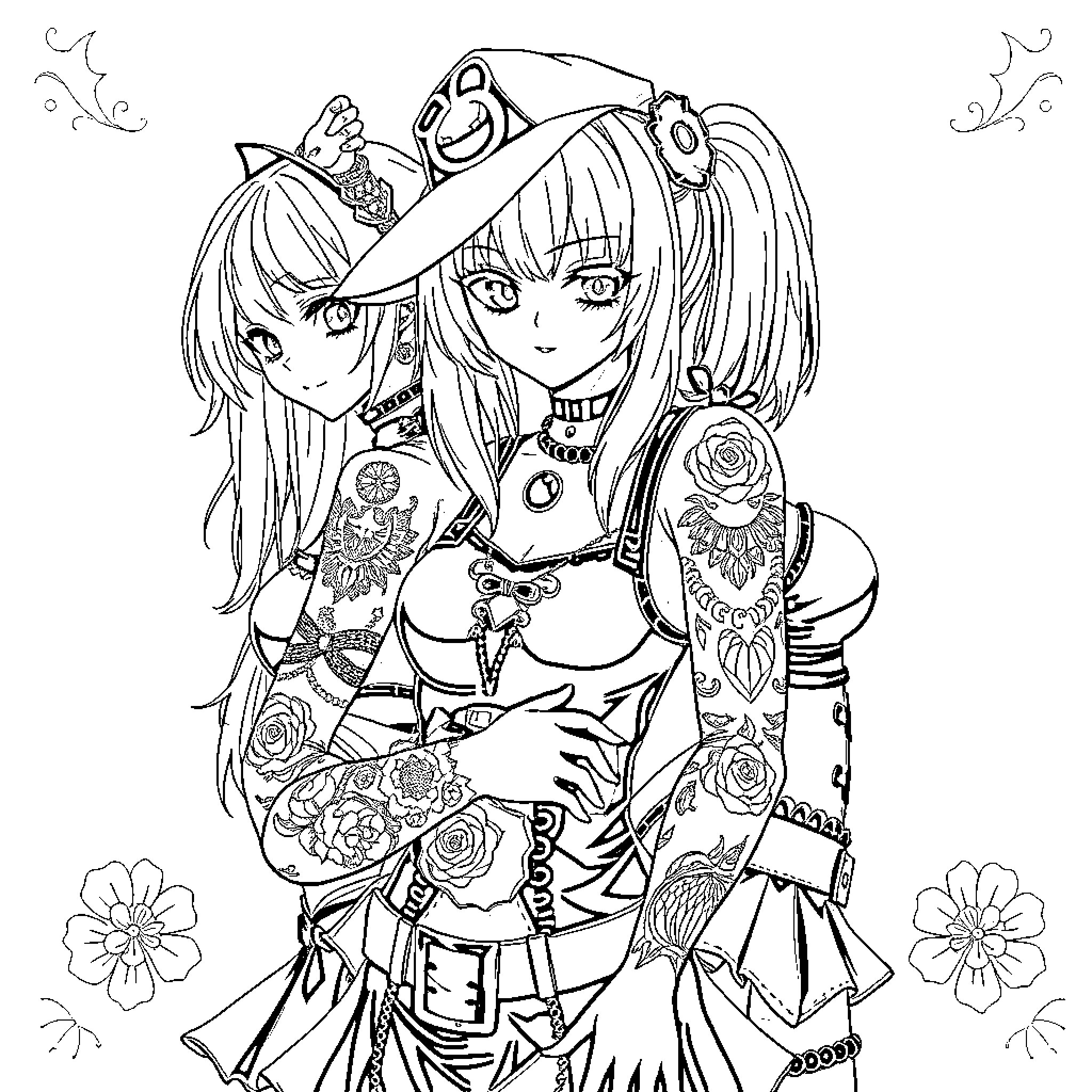 Goth Anime Girl with Intricate Tattoos and Accessories Coloring Page (free black-and-white line drawing printable PDF for all, from beginners to advanced learners, including children, teens, adults, and seniors)