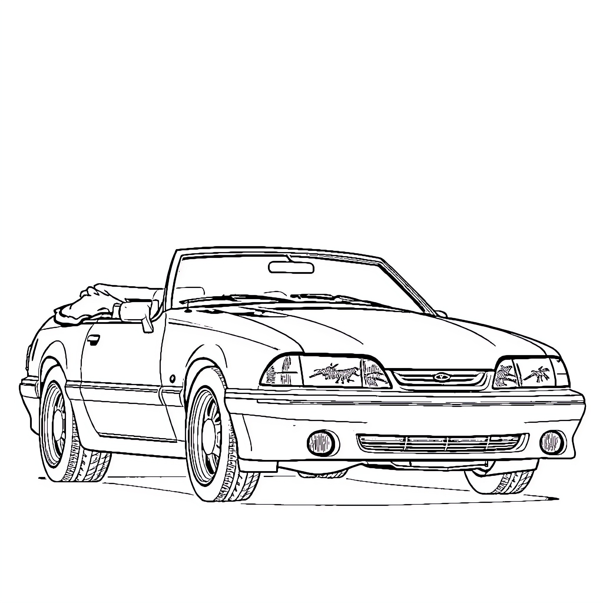Mustang sports car in driving action Coloring Page (free black-and-white line drawing printable PDF for all, from beginners to advanced learners, including children, teens, adults, and seniors)