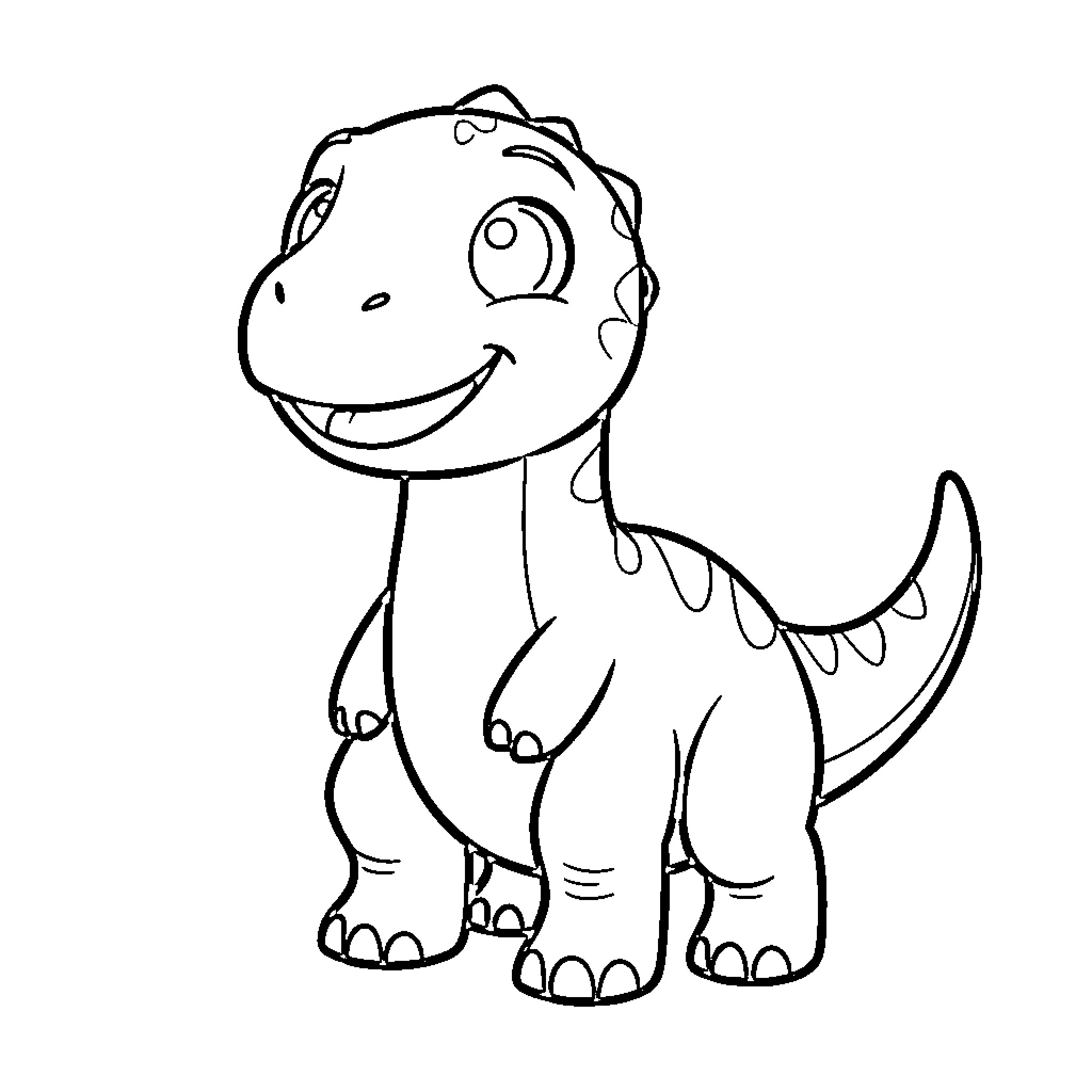 Dinosaur smiling happily with large expressive eyes Coloring Page (free black-and-white line drawing printable PDF for all, from beginners to advanced learners, including children, teens, adults, and seniors)