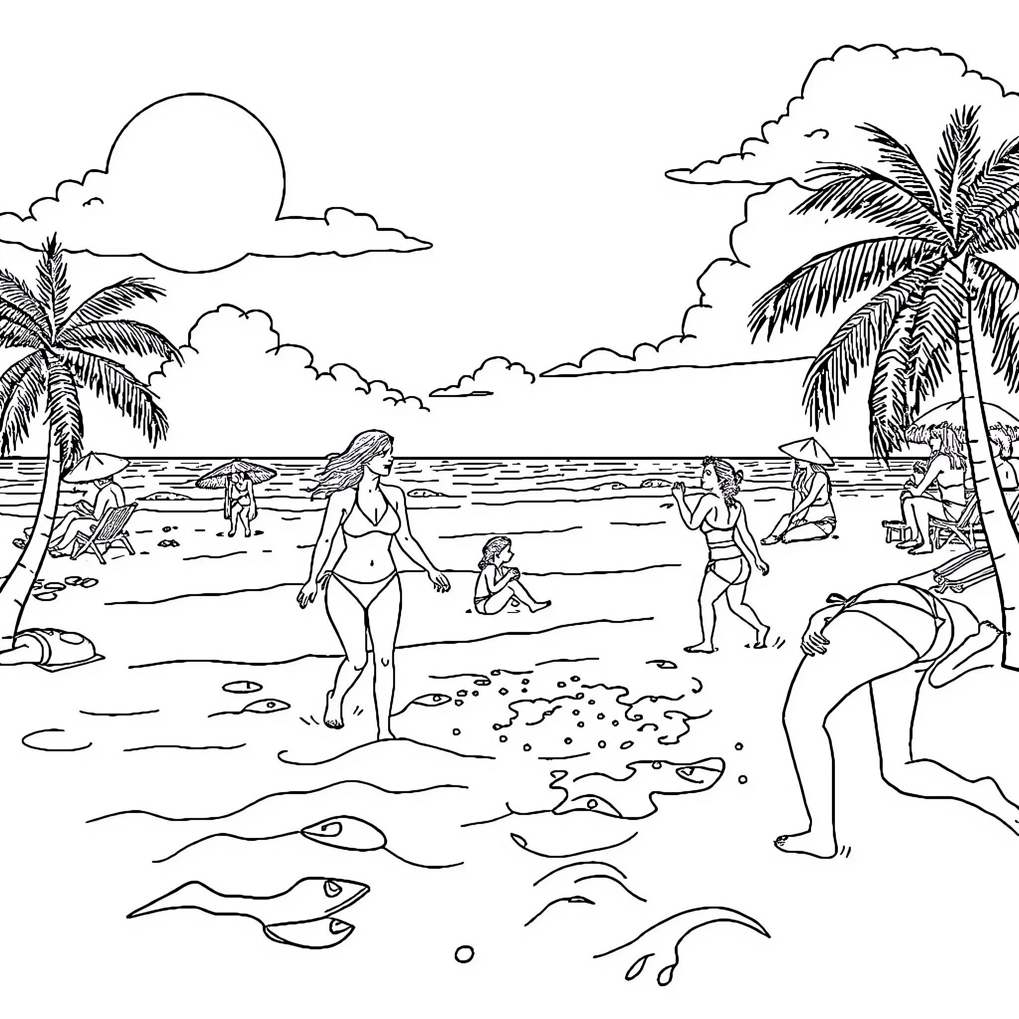 Girl swimming and playing on the tropical beach Coloring Page (free black-and-white line drawing printable PDF for all, from beginners to advanced learners, including children, teens, adults, and seniors)