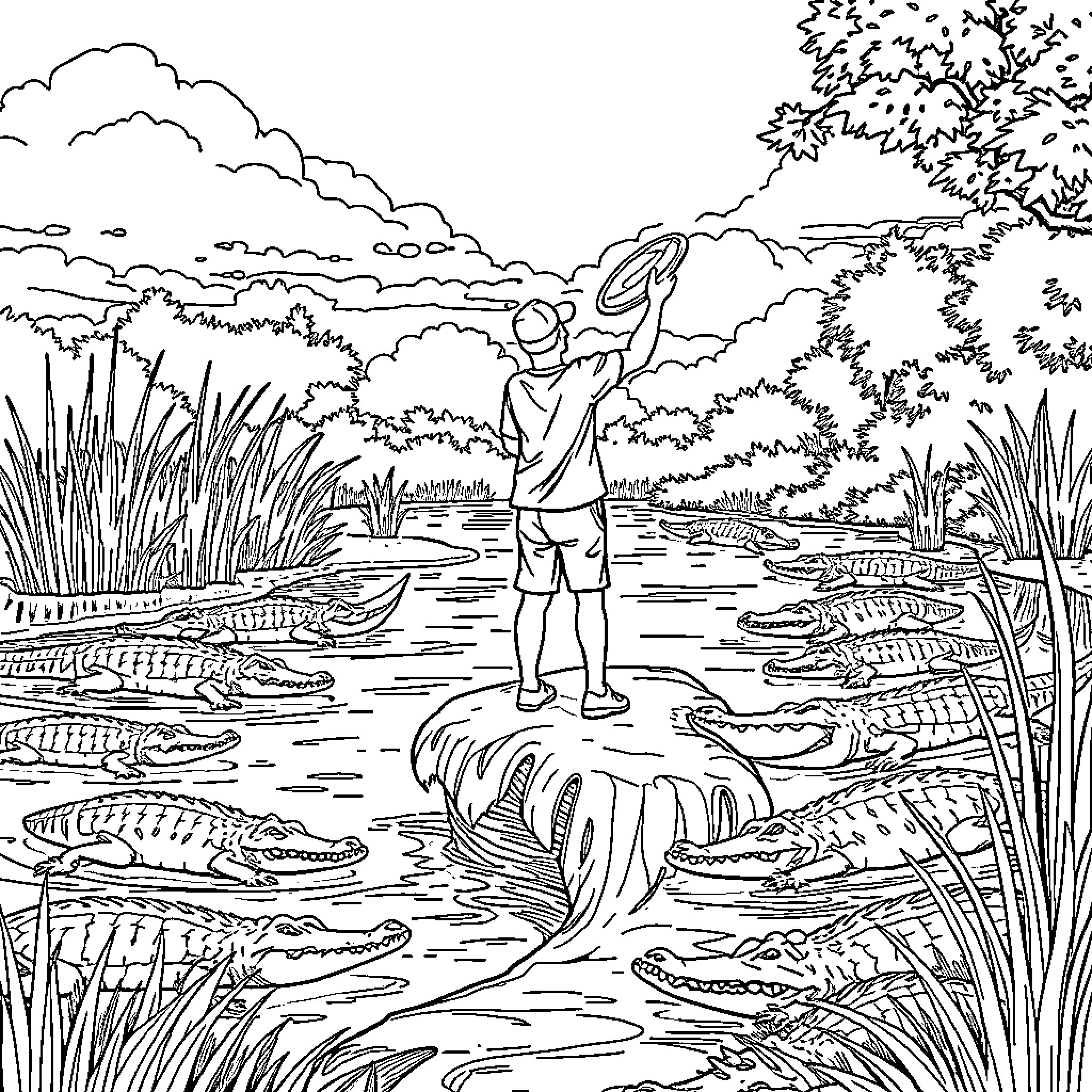 Disc Golf Player Enjoying Outdoor Adventure Amid Nature Coloring Page (free black-and-white line drawing printable PDF for all, from beginners to advanced learners, including children, teens, adults, and seniors)
