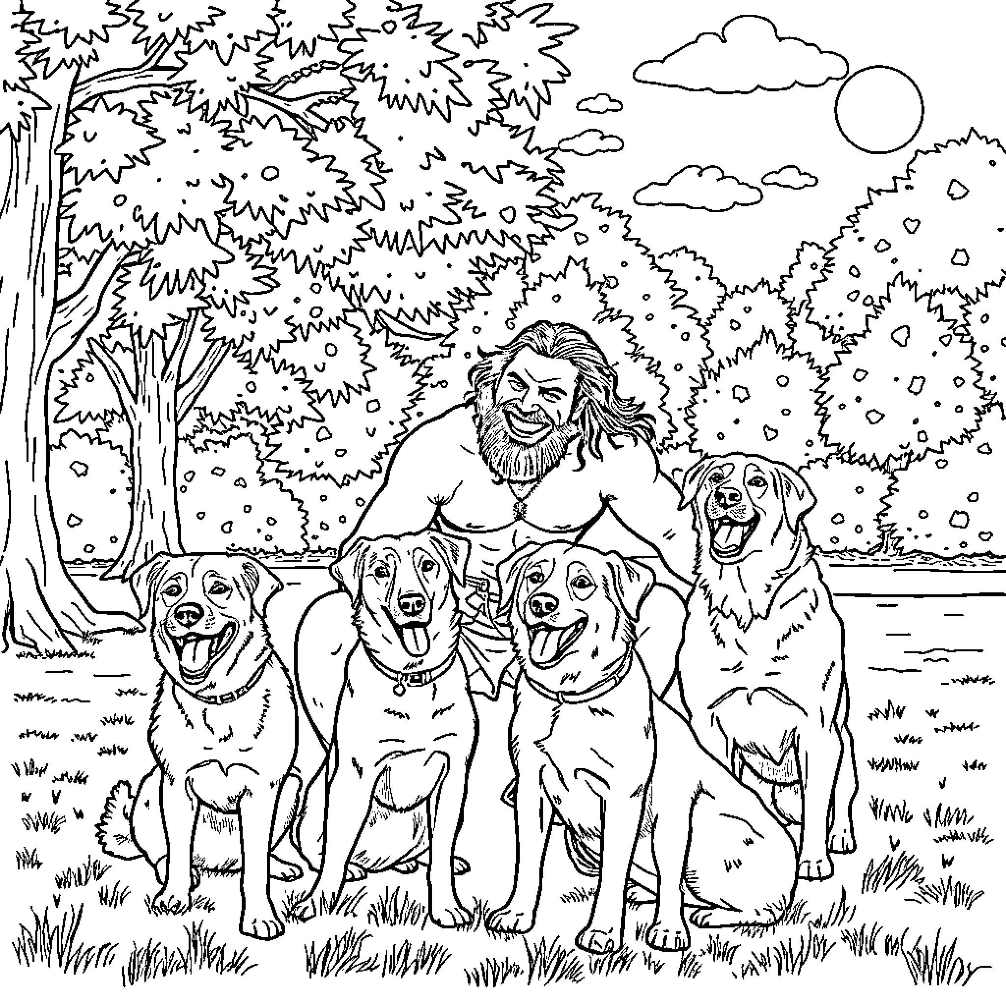 Dog Buddies Enjoying the Outdoors with Human Companion Coloring Page (free black-and-white line drawing printable PDF for all, from beginners to advanced learners, including children, teens, adults, and seniors)