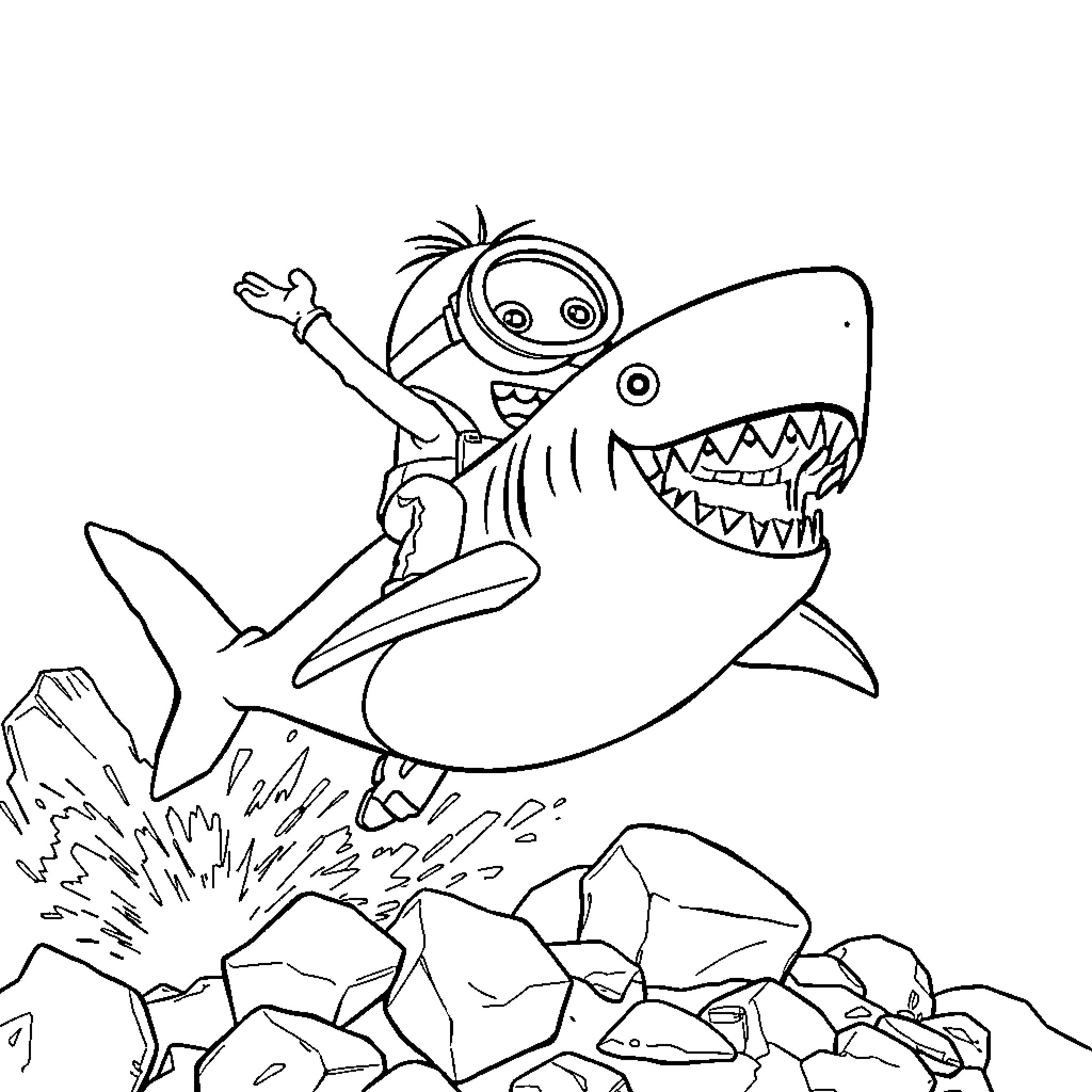 Minion riding a giant shark in the ocean Coloring Page (free black-and-white line drawing printable PDF for all, from beginners to advanced learners, including children, teens, adults, and seniors)