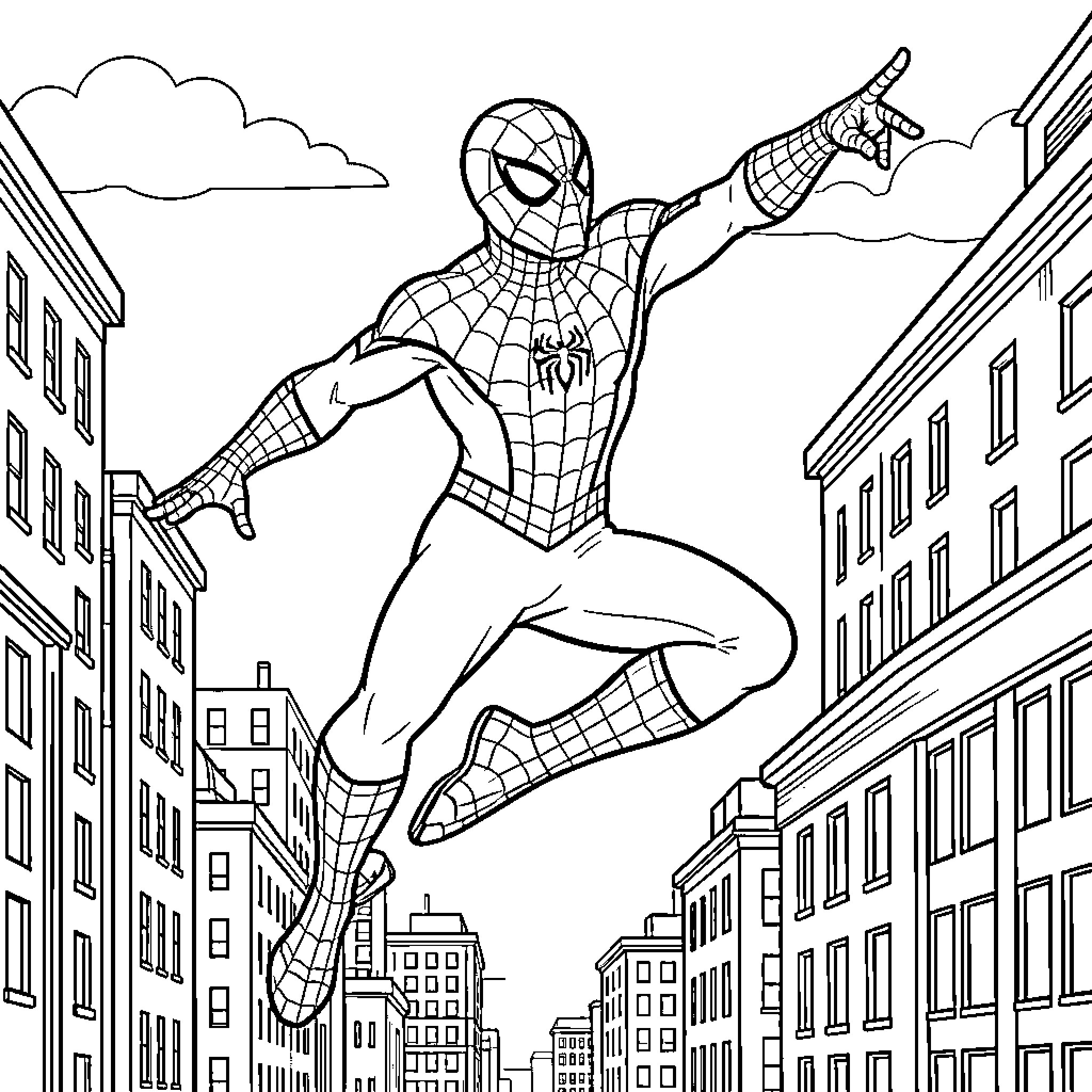 Spider-Man swinging through the city skyscrapers Coloring Page (free black-and-white line drawing printable PDF for all, from beginners to advanced learners, including children, teens, adults, and seniors)