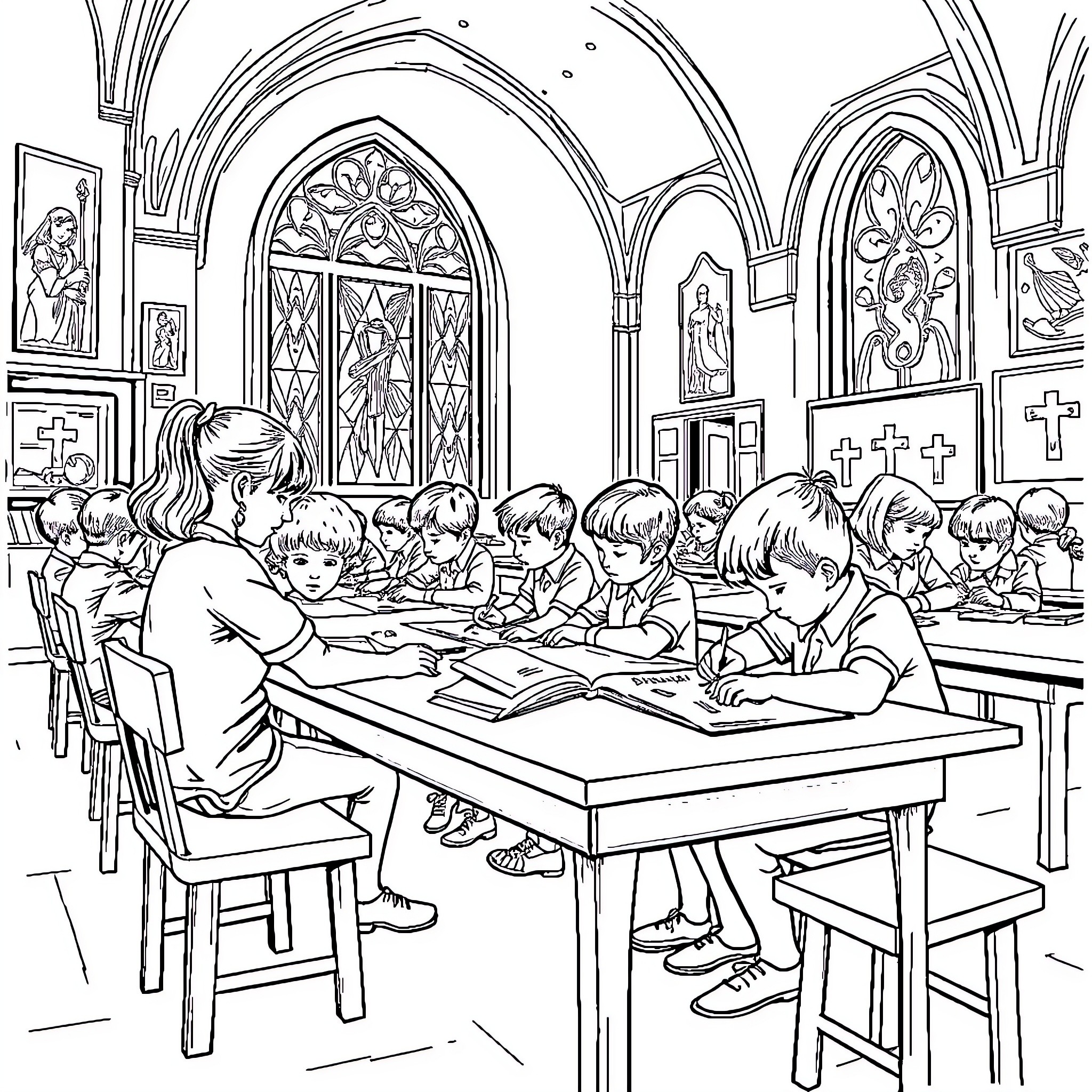 Students engaged in group study in a religious classroom Coloring Page (free black-and-white line drawing printable PDF for all, from beginners to advanced learners, including children, teens, adults, and seniors)