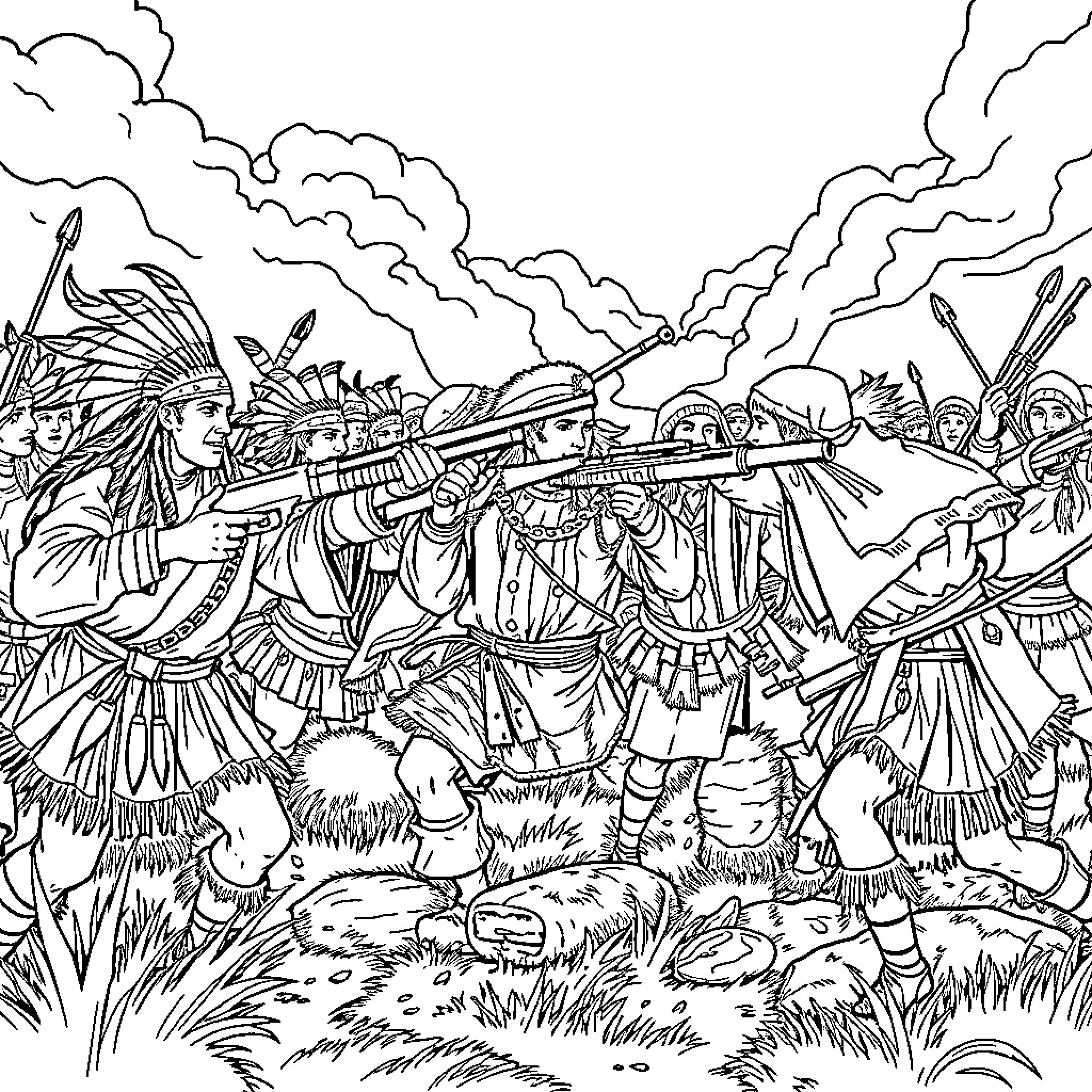Indian Tribal Warriors in Battle Formation Coloring Page (free black-and-white line drawing printable PDF for all, from beginners to advanced learners, including children, teens, adults, and seniors)