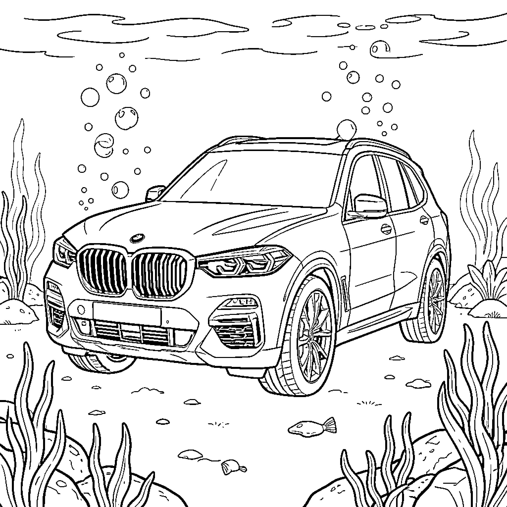 BMW X5 driving through an underwater ocean scene Coloring Page (free black-and-white line drawing printable PDF for all, from beginners to advanced learners, including children, teens, adults, and seniors)