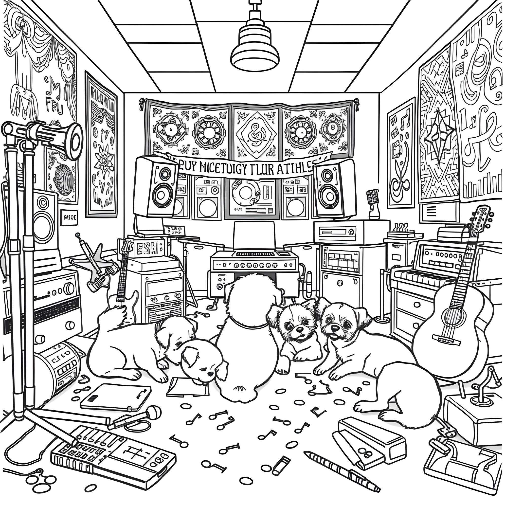 Dogs playing in a messy music studio Coloring Page (free black-and-white line drawing printable PDF for all, from beginners to advanced learners, including children, teens, adults, and seniors)