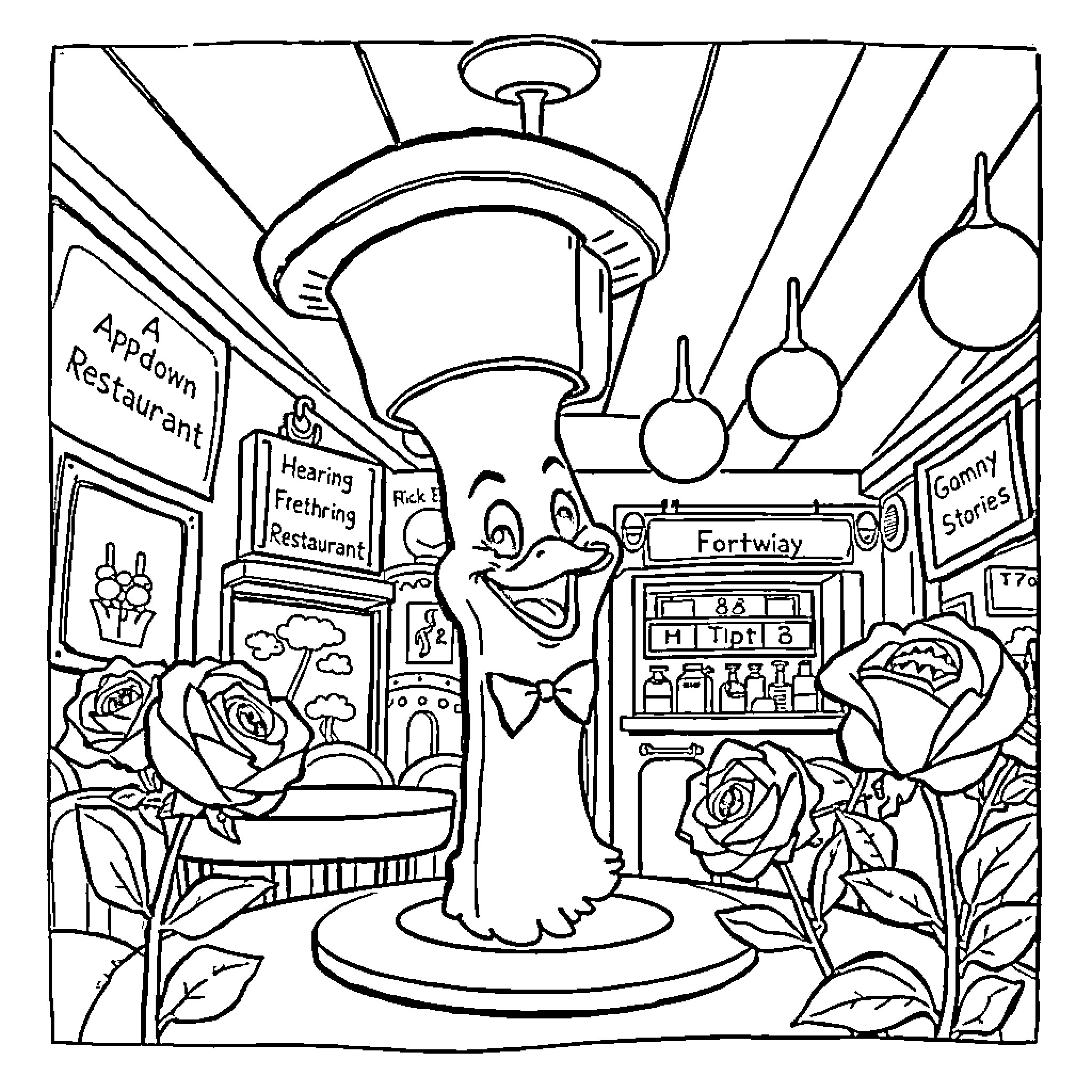 Duck enjoying a fine dining experience Coloring Page (free black-and-white line drawing printable PDF for all, from beginners to advanced learners, including children, teens, adults, and seniors)