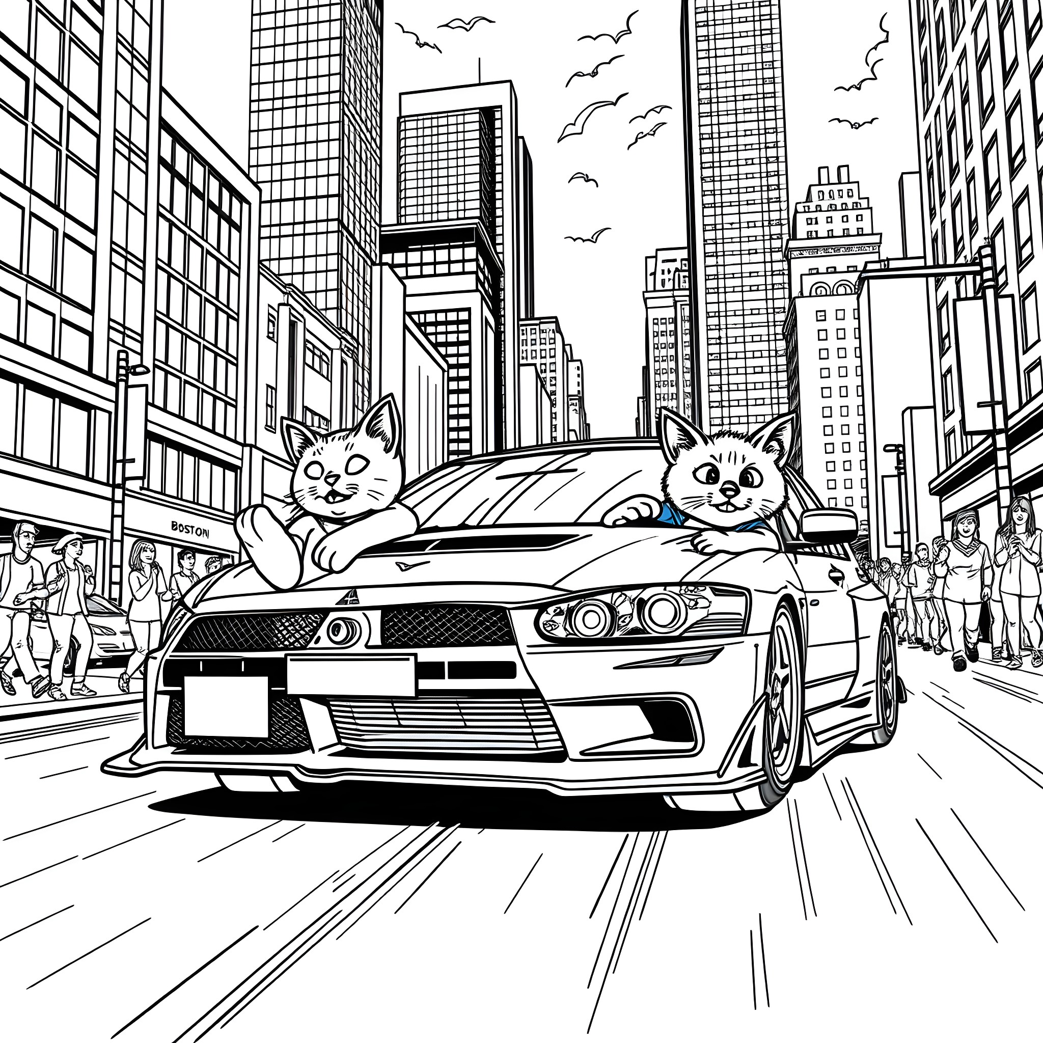 Cat Riding Fast Car through Cityscape Coloring Page (free black-and-white line drawing printable PDF for all, from beginners to advanced learners, including children, teens, adults, and seniors)