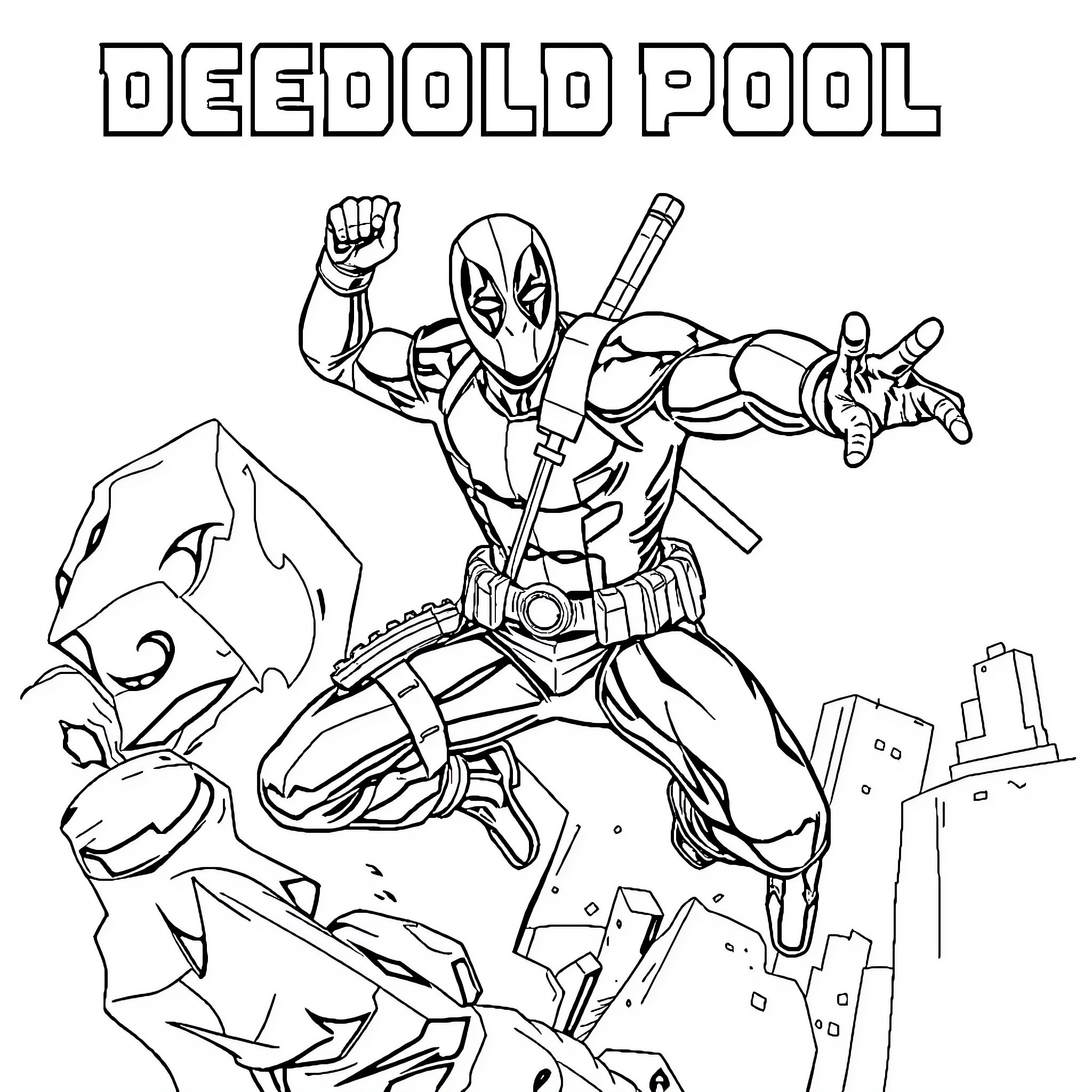 Deadpool in Action - Heroic Poses and Destruction Coloring Page (free black-and-white line drawing printable PDF for all, from beginners to advanced learners, including children, teens, adults, and seniors)