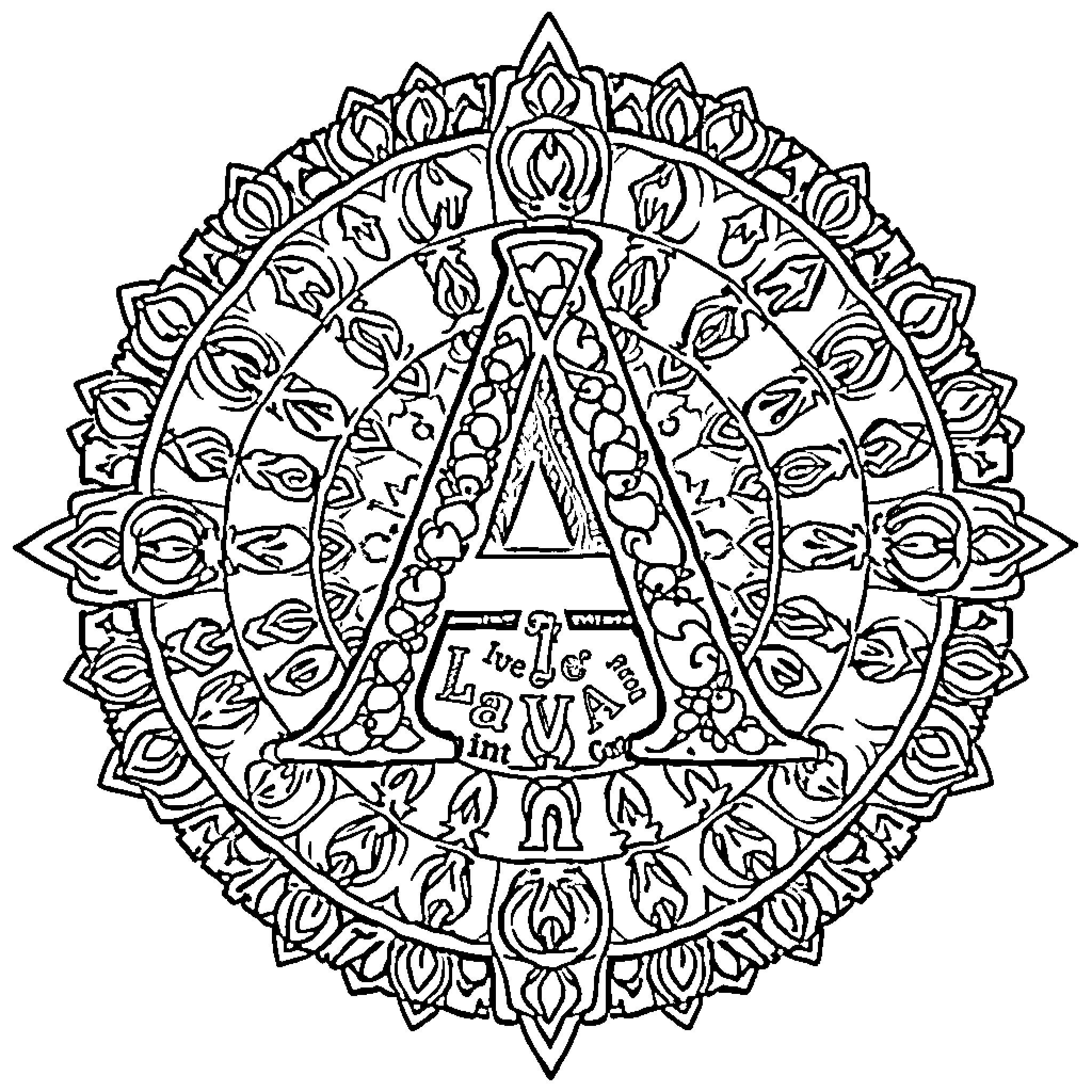 Letter A Ornate Mandala with Floral Elements Coloring Page (free black-and-white line drawing printable PDF for all, from beginners to advanced learners, including children, teens, adults, and seniors)