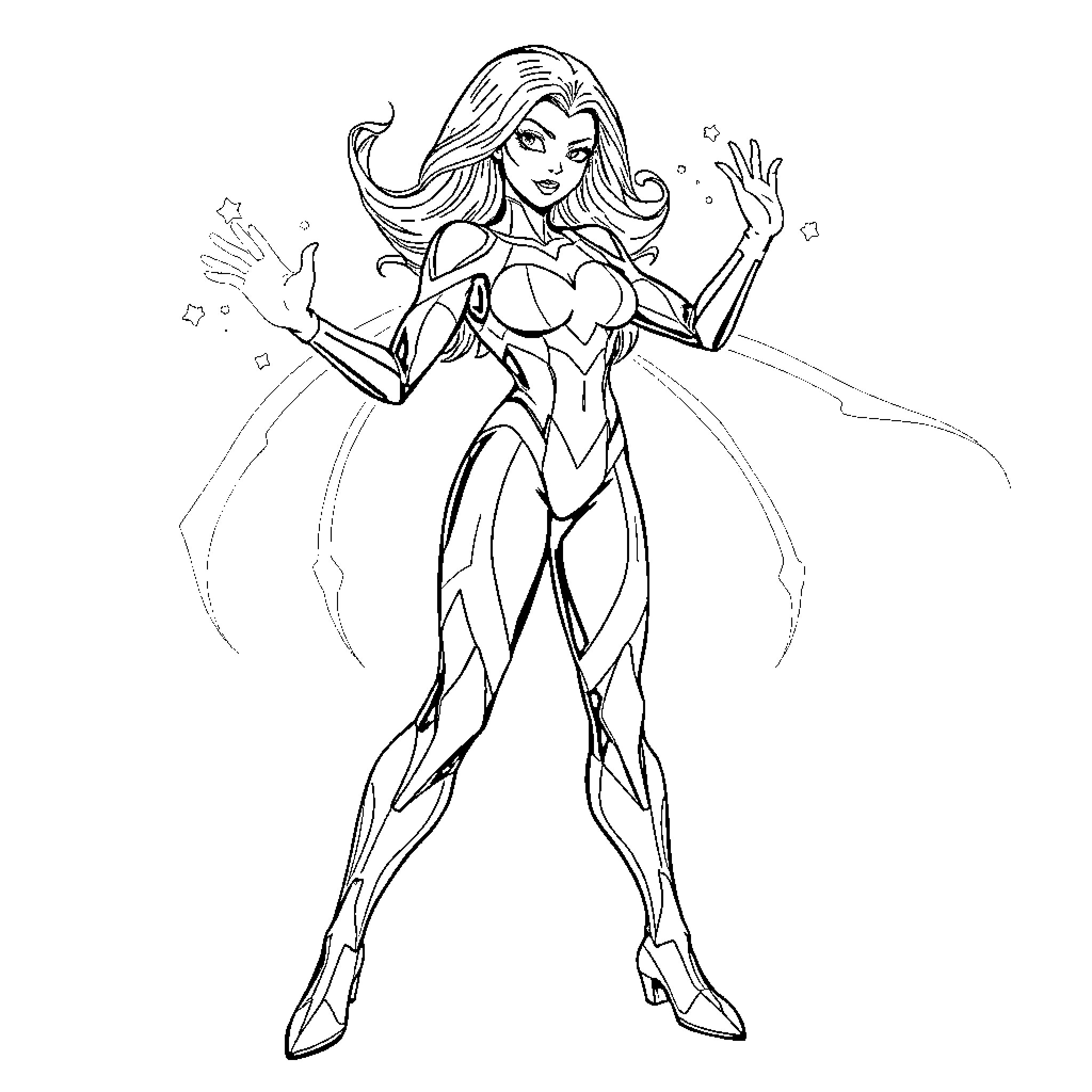 Gwen 10 in heroic action pose Coloring Page (free black-and-white line drawing printable PDF for all, from beginners to advanced learners, including children, teens, adults, and seniors)