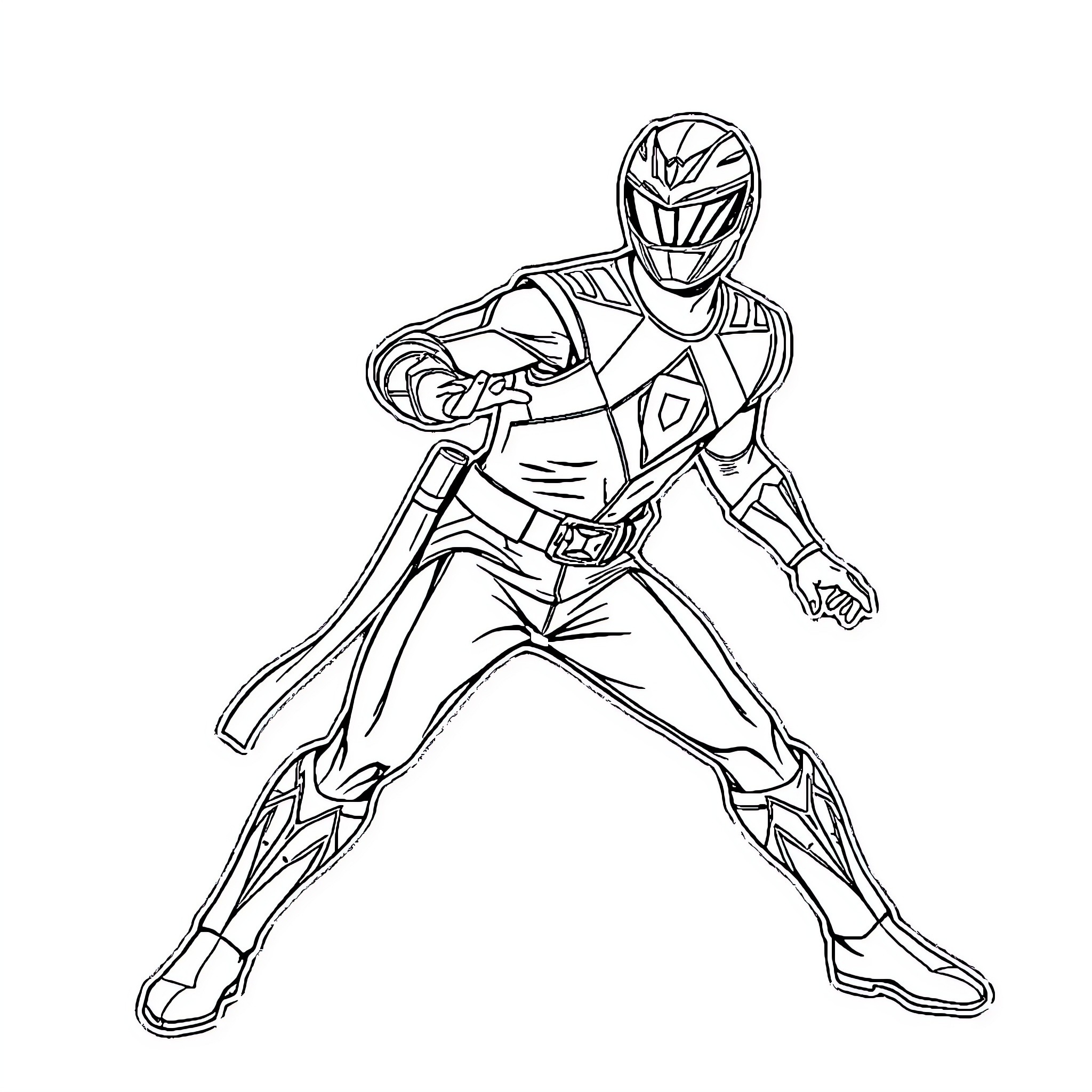 Power Ranger character in action stance Coloring Page (free black-and-white line drawing printable PDF for all, from beginners to advanced learners, including children, teens, adults, and seniors)